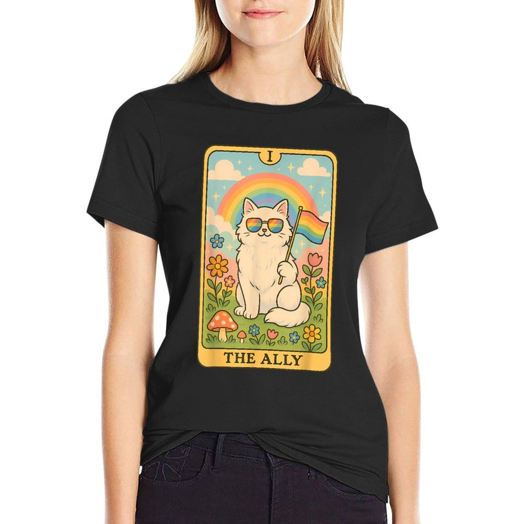 Funny Ally Cat Tarot Card Pride Sunglasses Gay Pride LGBTQ  Summer-ready Fabric T-Shirt