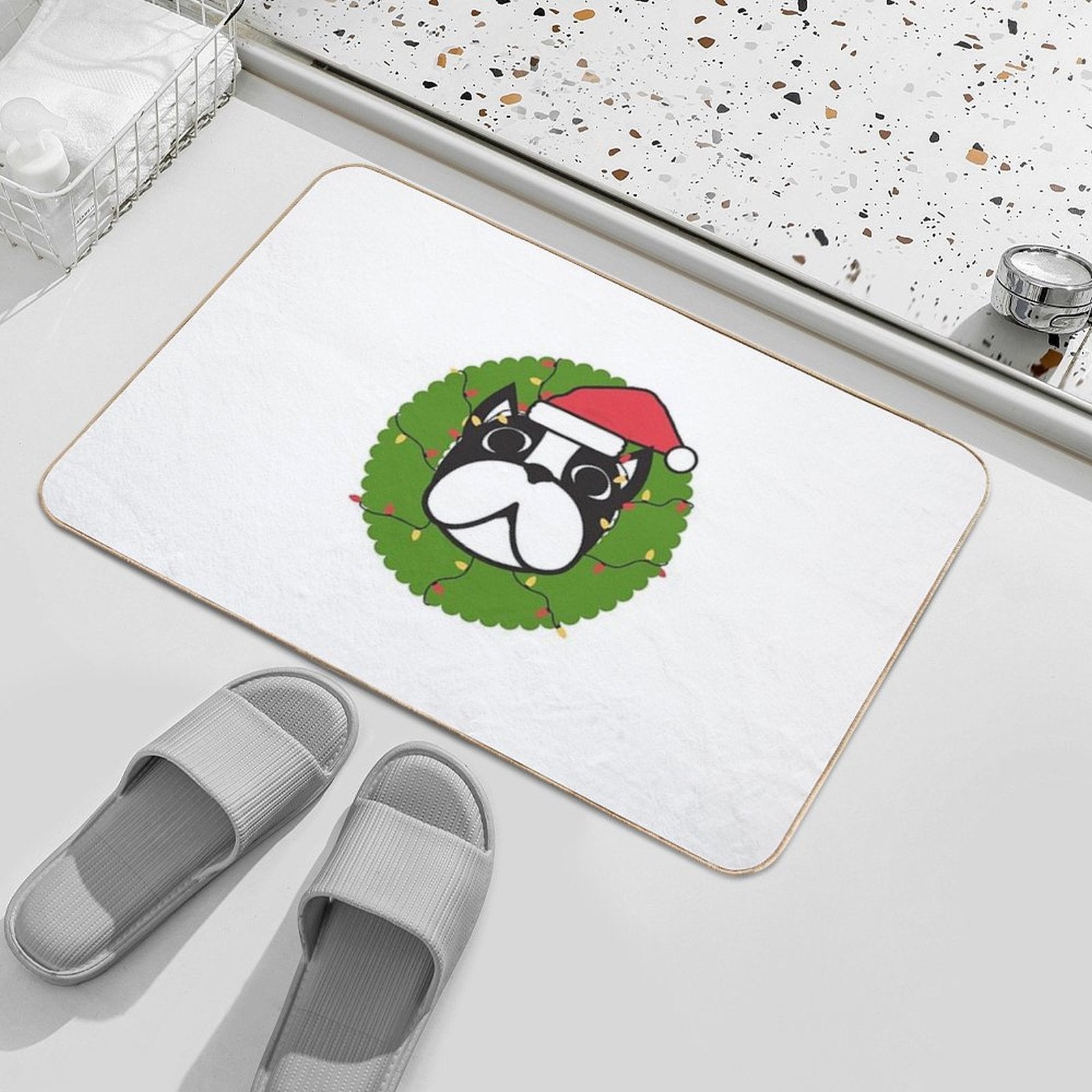 Cute Boston Terrier Merry Christmas Tree Funny Hello Winter Essential T-Shirt  Multi-Purpose Bath Mat