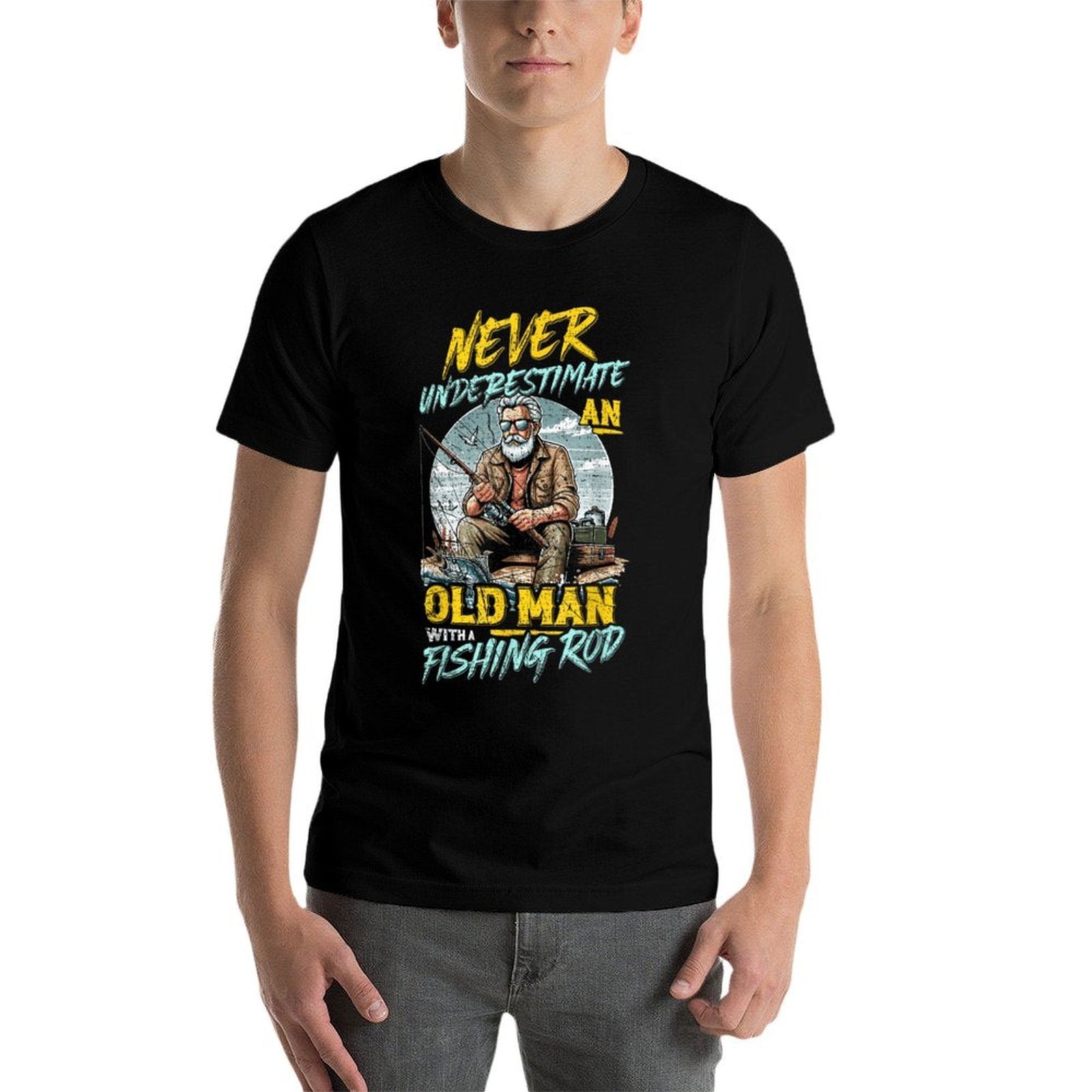 Never Underestimate An Old Man With Fishing Rod, Fish Lover  Moisture-wicking T-Shirt