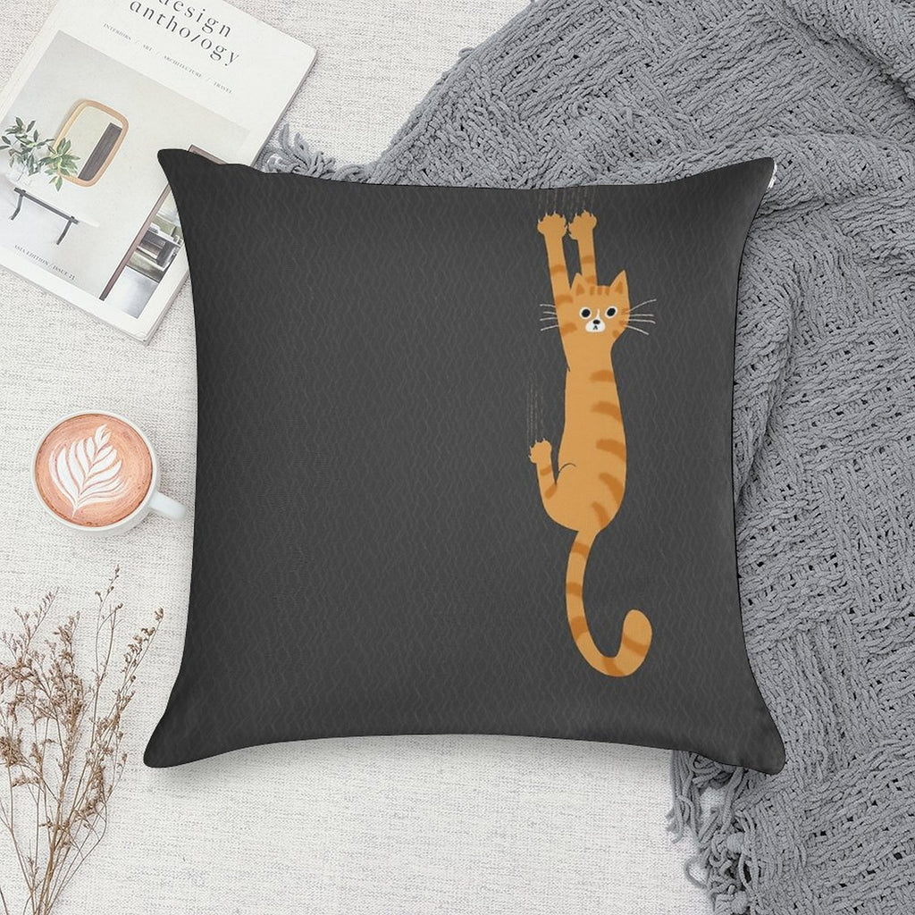 Orange Tabby Cat Hanging On  Funny Striped Cat Soft Home Decor Throw Pillow
