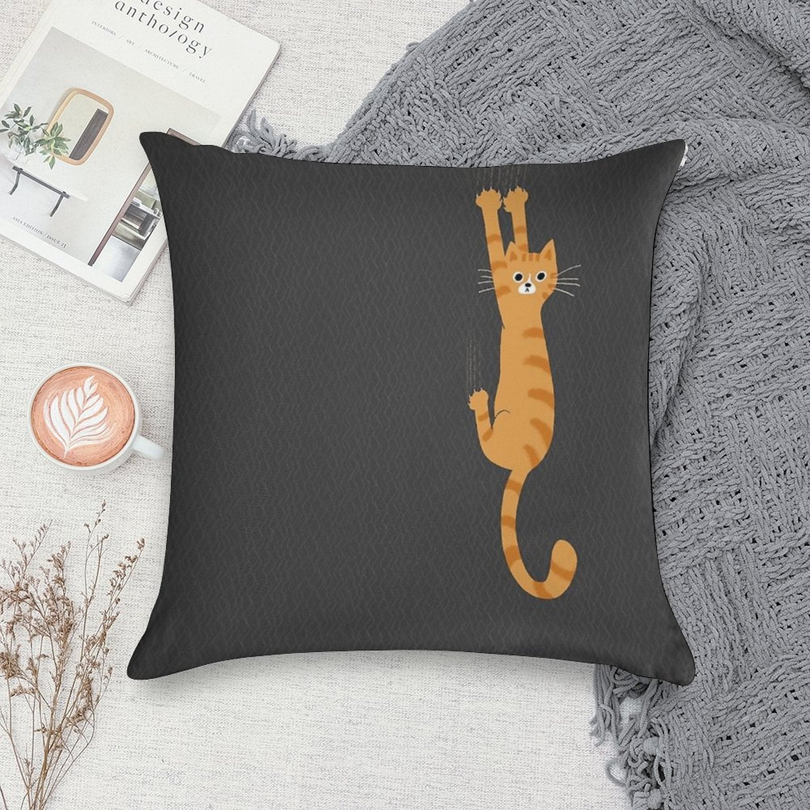 Orange Tabby Cat Hanging On  Funny Striped Cat Soft Home Decor Throw Pillow