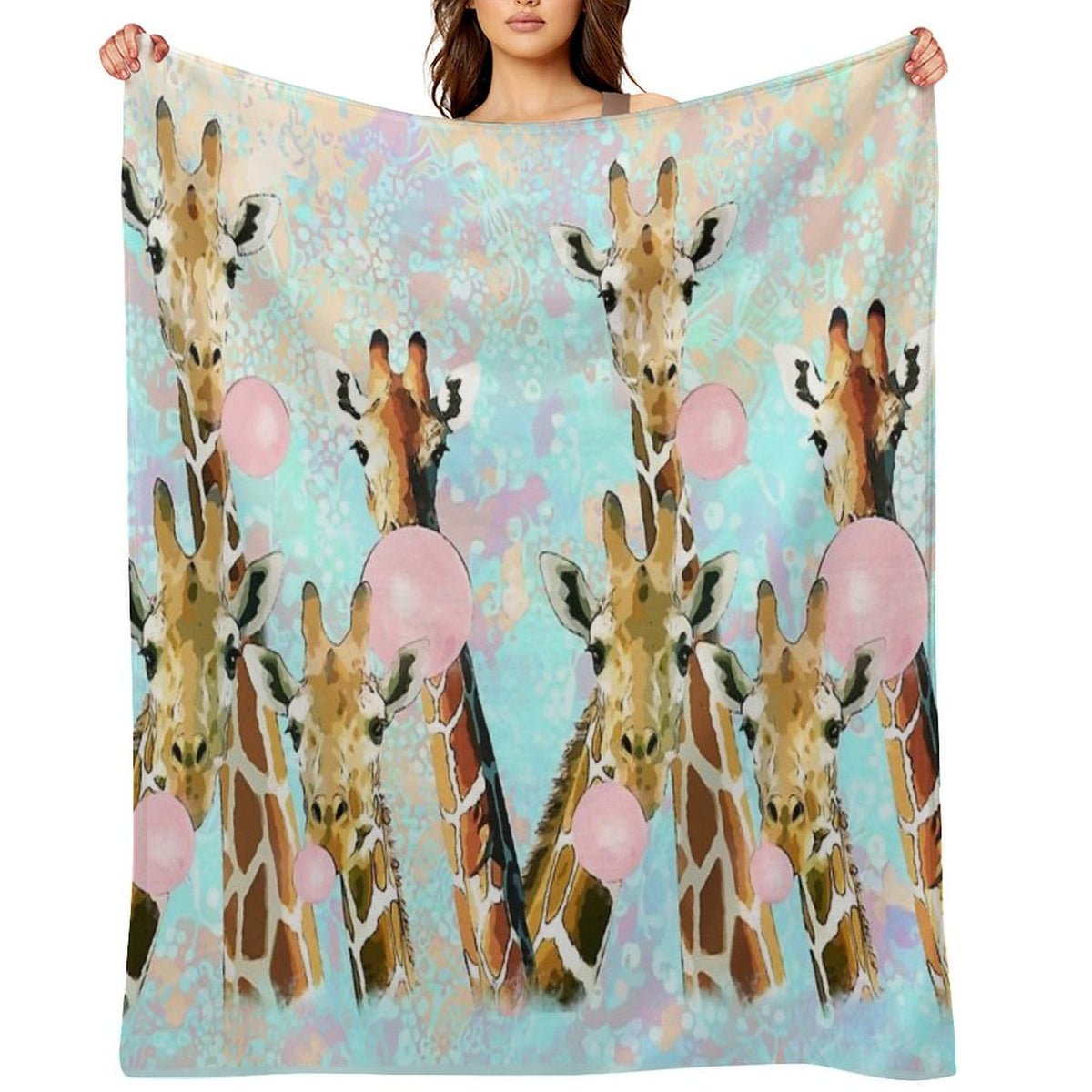 Watercolor Giraffes with Bubblegum, Funny Animals, Cute, Kawaii Giraffe Multi-functional Throw Blanket