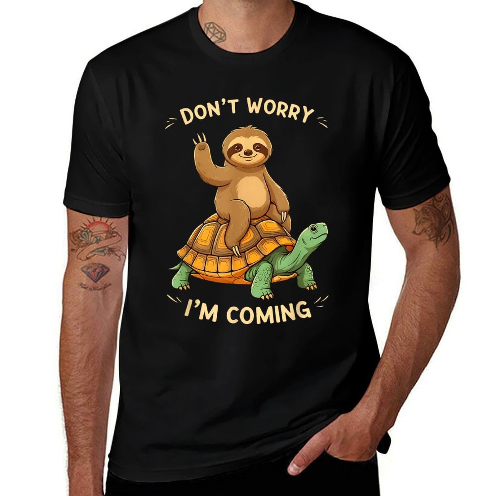 Sloth Riding Turtle Funny Dont Worry Im Coming Distressed  Cotton T-Shirt