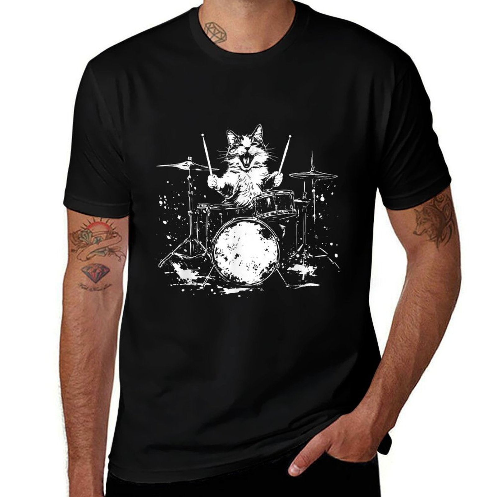 Funny Cat Drummer Drums Drumming Music Lover  Cotton T-Shirt