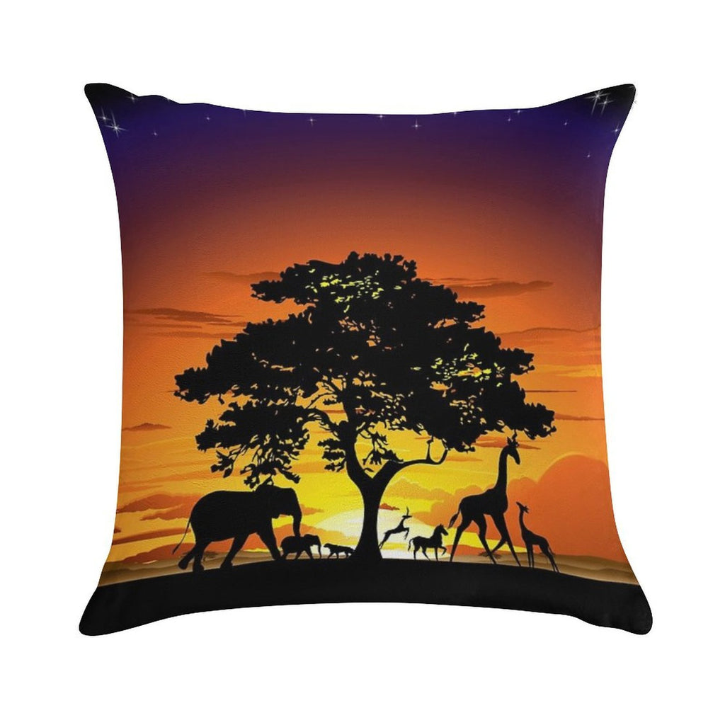 Wild Animals on African Savanna Sunset Soft High-Density Material Throw Pillow