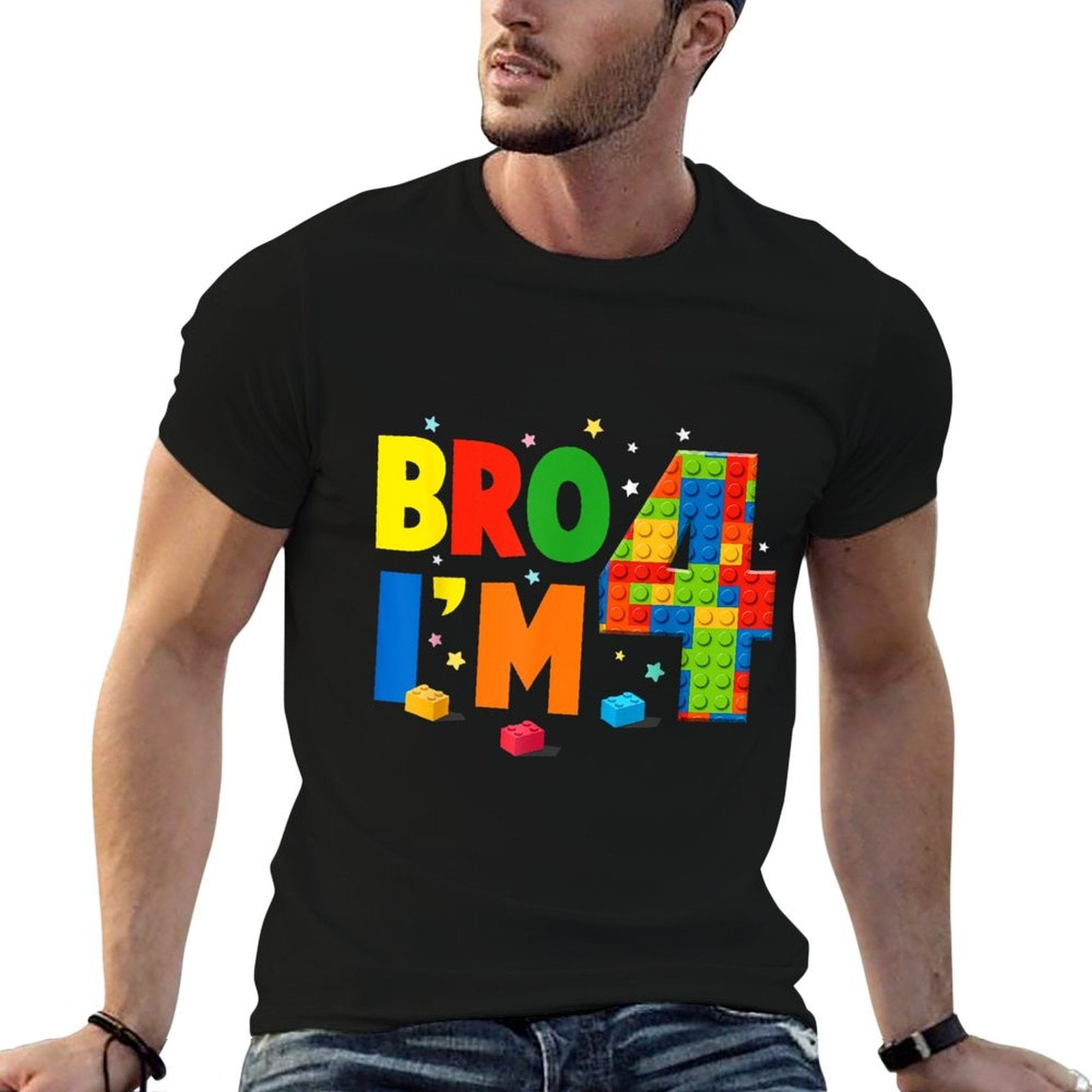 Birthday Boy Bro I’m 4 Year Old Building Blocks Brick  Summer-ready Fabric T-Shirt