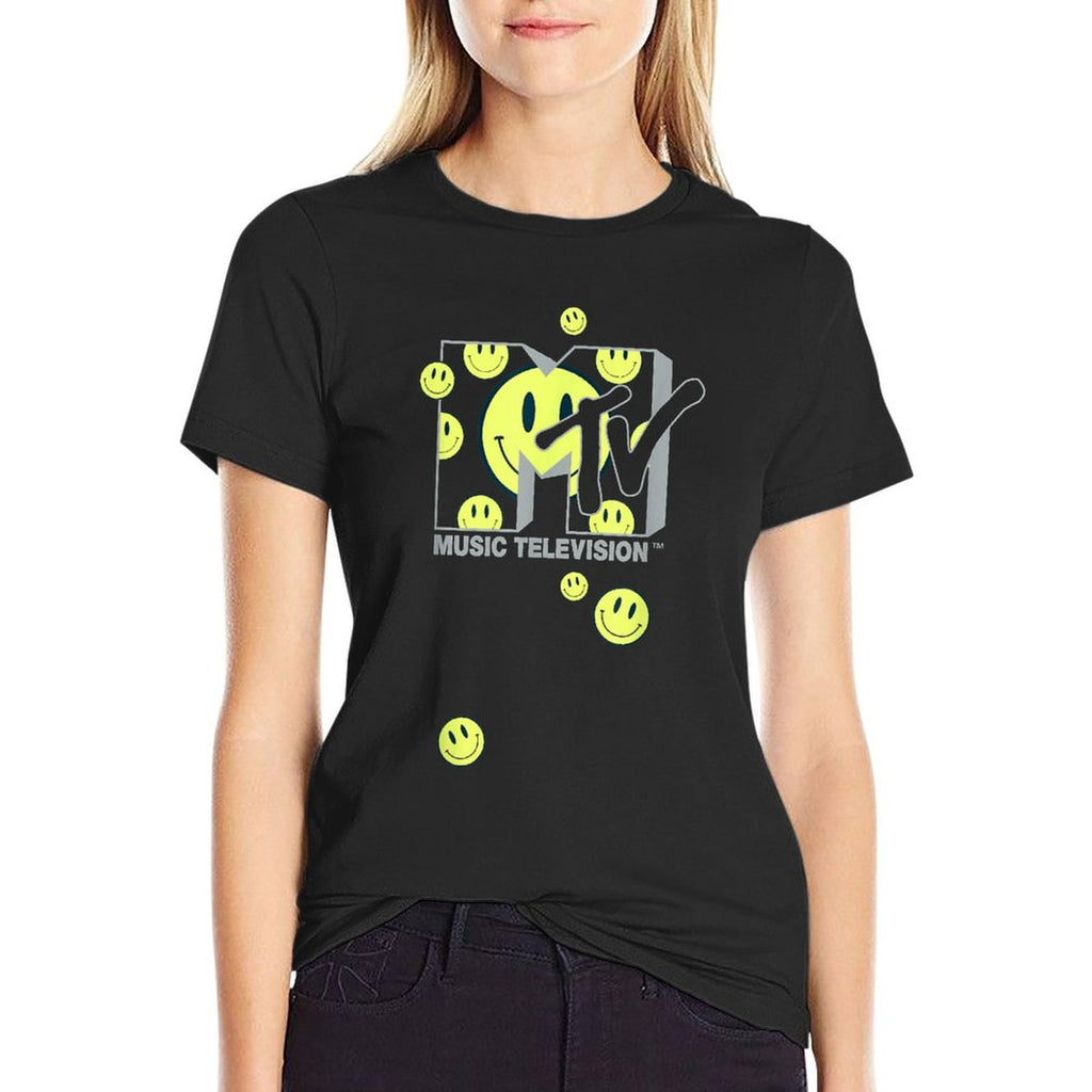 MTV Music Television Retro Eighties Neon Smiley Faces Logo  Rolled Sleeves T-Shirt