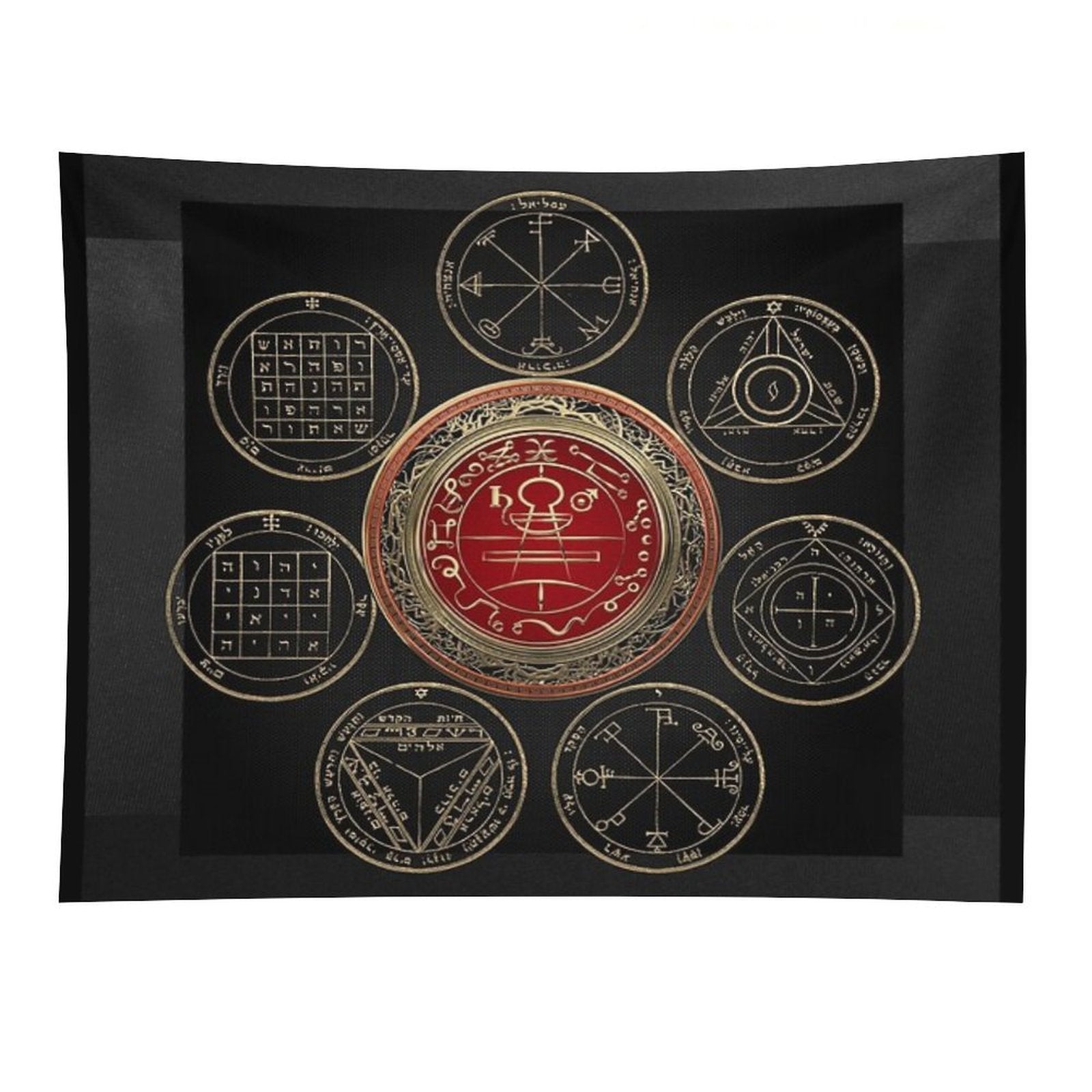 Gold Seal of Solomon over Seven Pentacles of Saturn on Black Canvas Tapestry