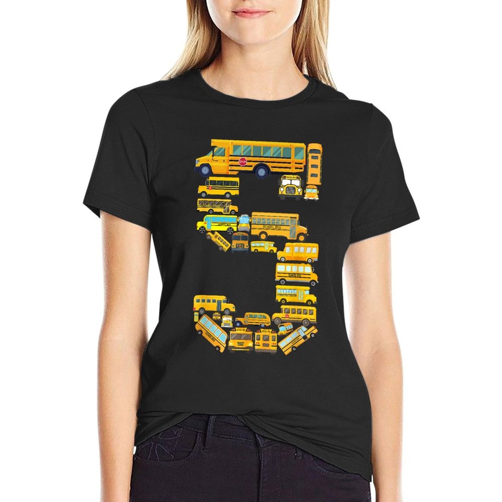 School Bus 5th Birthday School Bus Themed Kids 5 Year Old  Polyester Blend T-Shirt