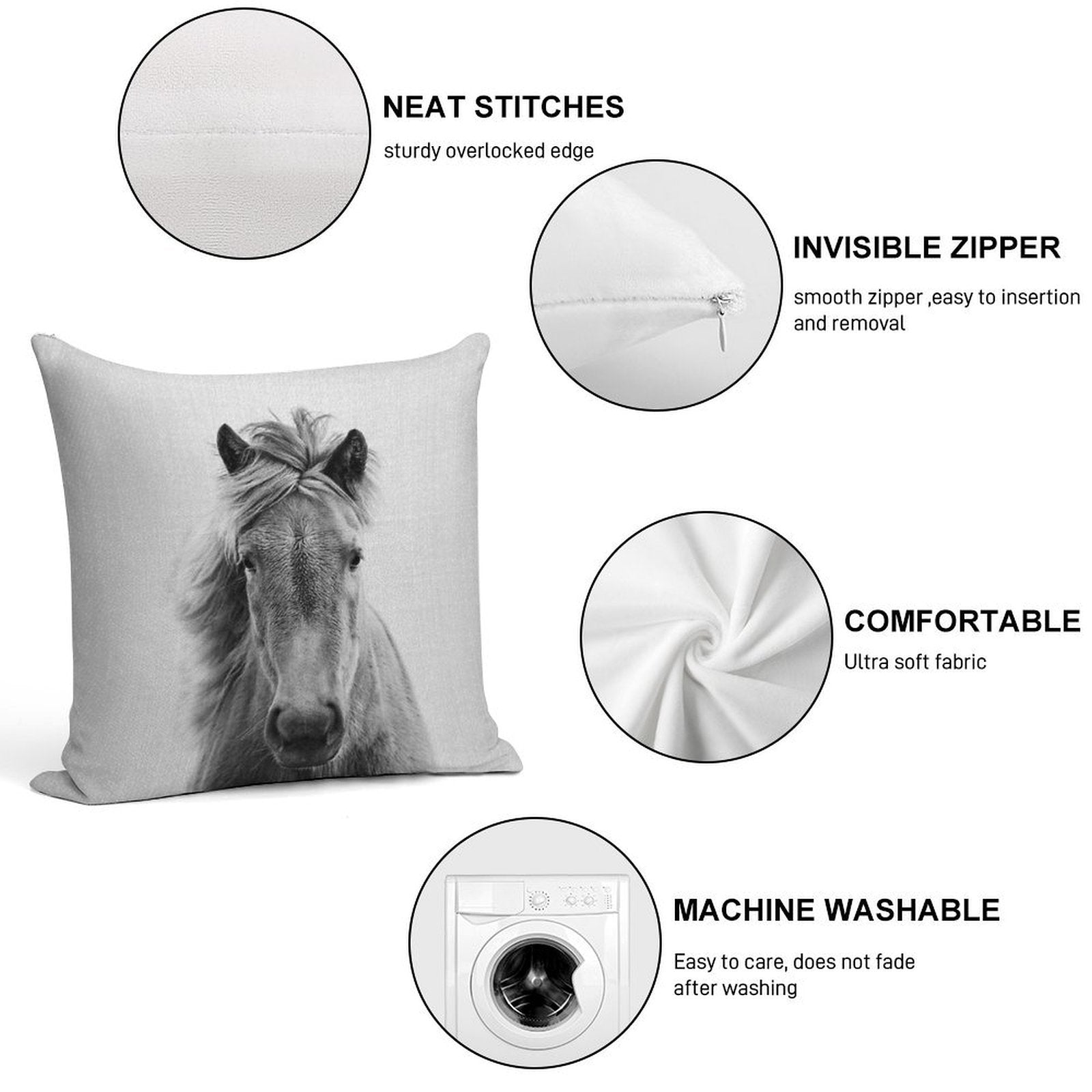 Horse - Black & White Soft Multiple Sizes Throw Pillow