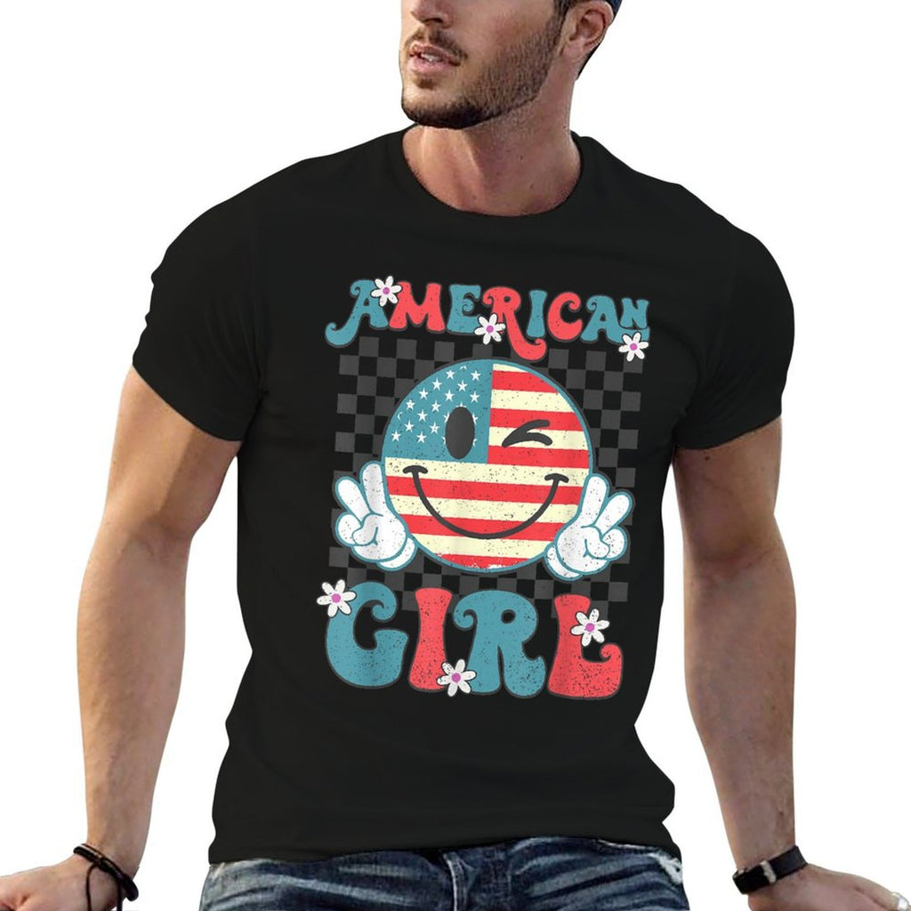 Retro American Girl 4th of July Smile Checkered Womens Girls  Tagless Design T-Shirt