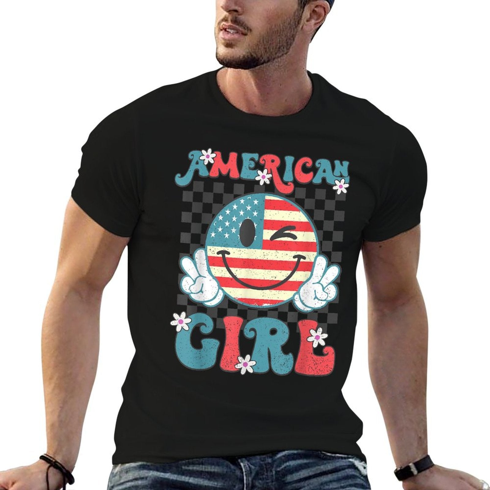 Retro American Girl 4th of July Smile Checkered Womens Girls  Tagless Design T-Shirt