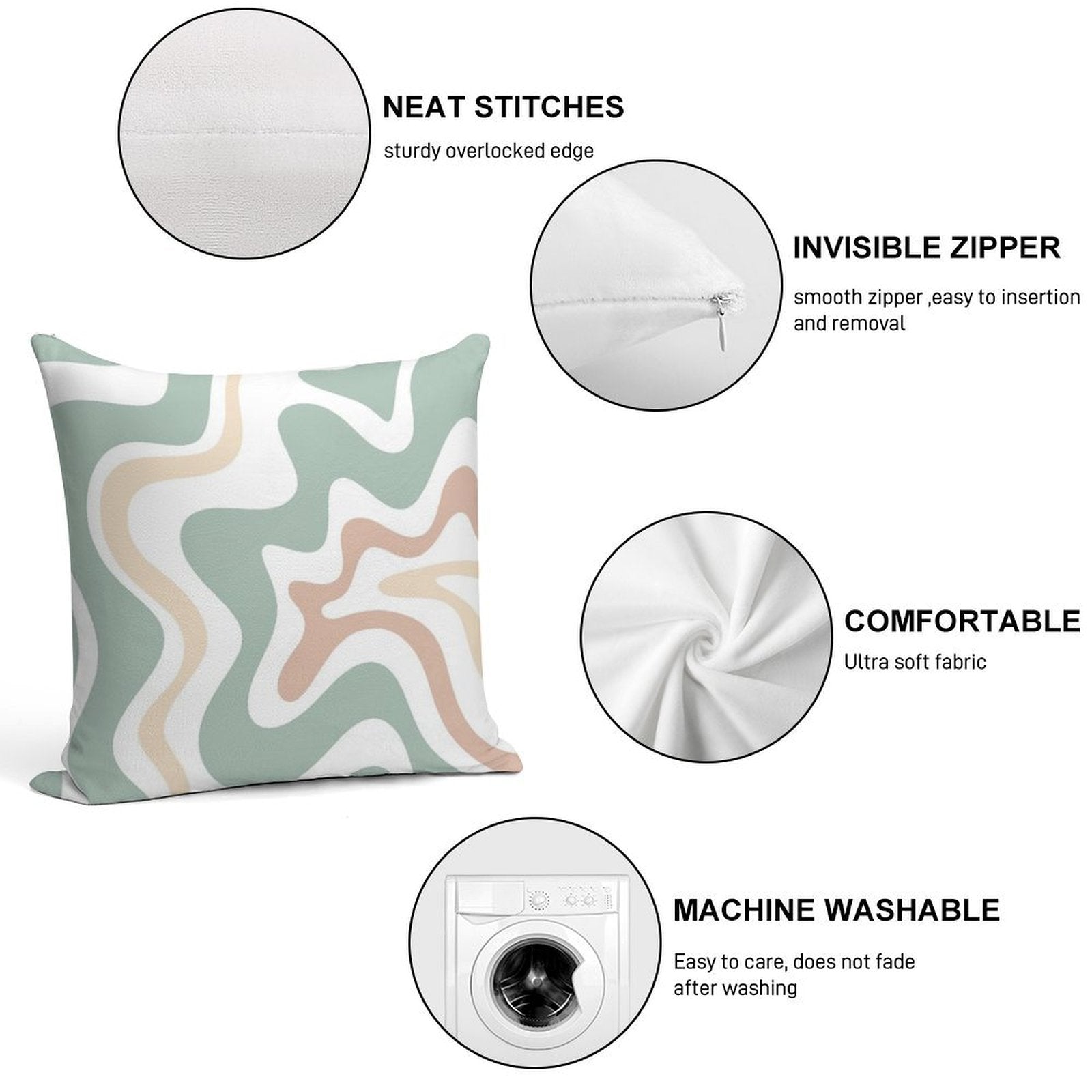 Liquid Swirl Retro Abstract in Light Sage Celadon Green, Light Blush, Cream, And White Soft Shrink-Resistant Throw Pillow