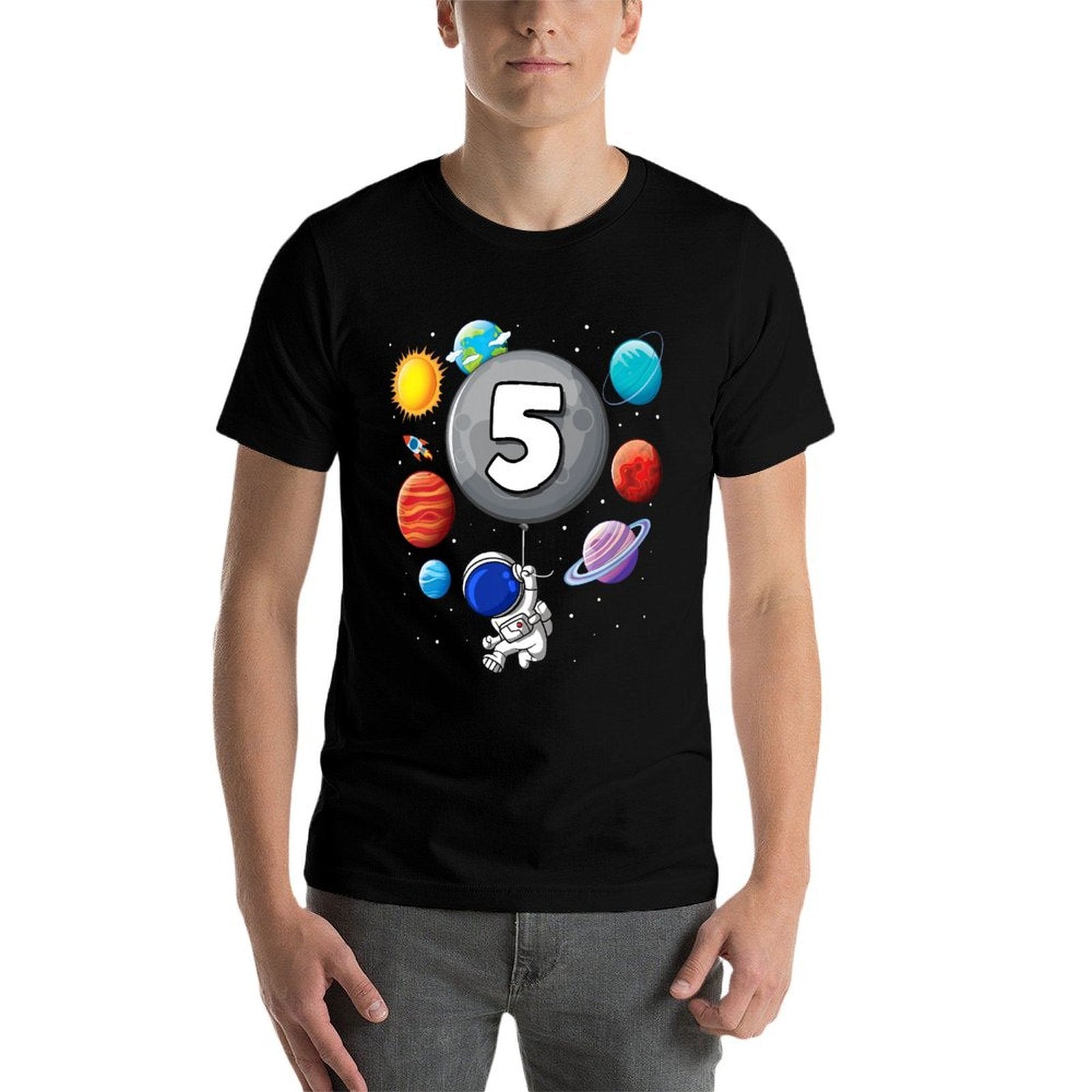 Kids 5th Birthday Astronaut Balloon Planet 5 Year Old Boy  Slim-fit Cut T-Shirt