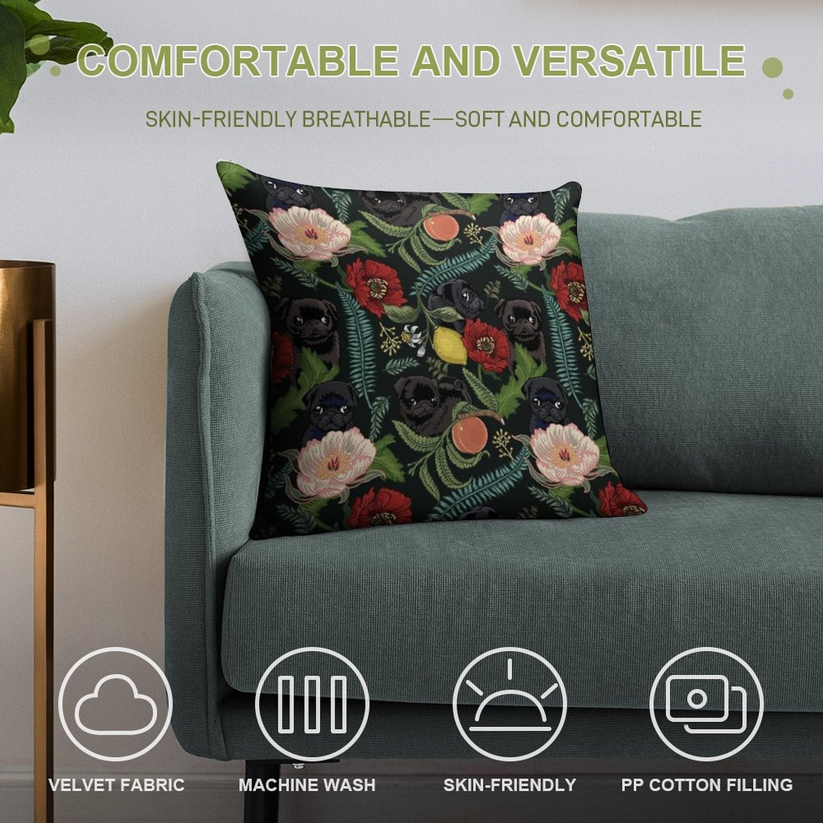 Botanical And Black Pugs Soft Warmth Comfort Throw Pillow