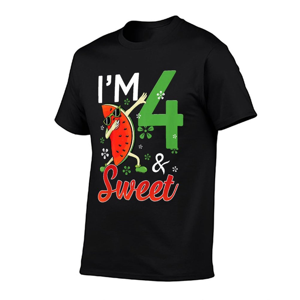 Kids Cute I'm 4 Years Old & Sweet Dabbing Watermelon 4th Birthday  Summer-ready Fabric T-Shirt