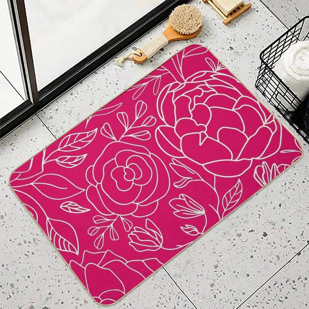 Elegant Floral Outline Pattern Red Background  Rapid-Drying Bath Mat