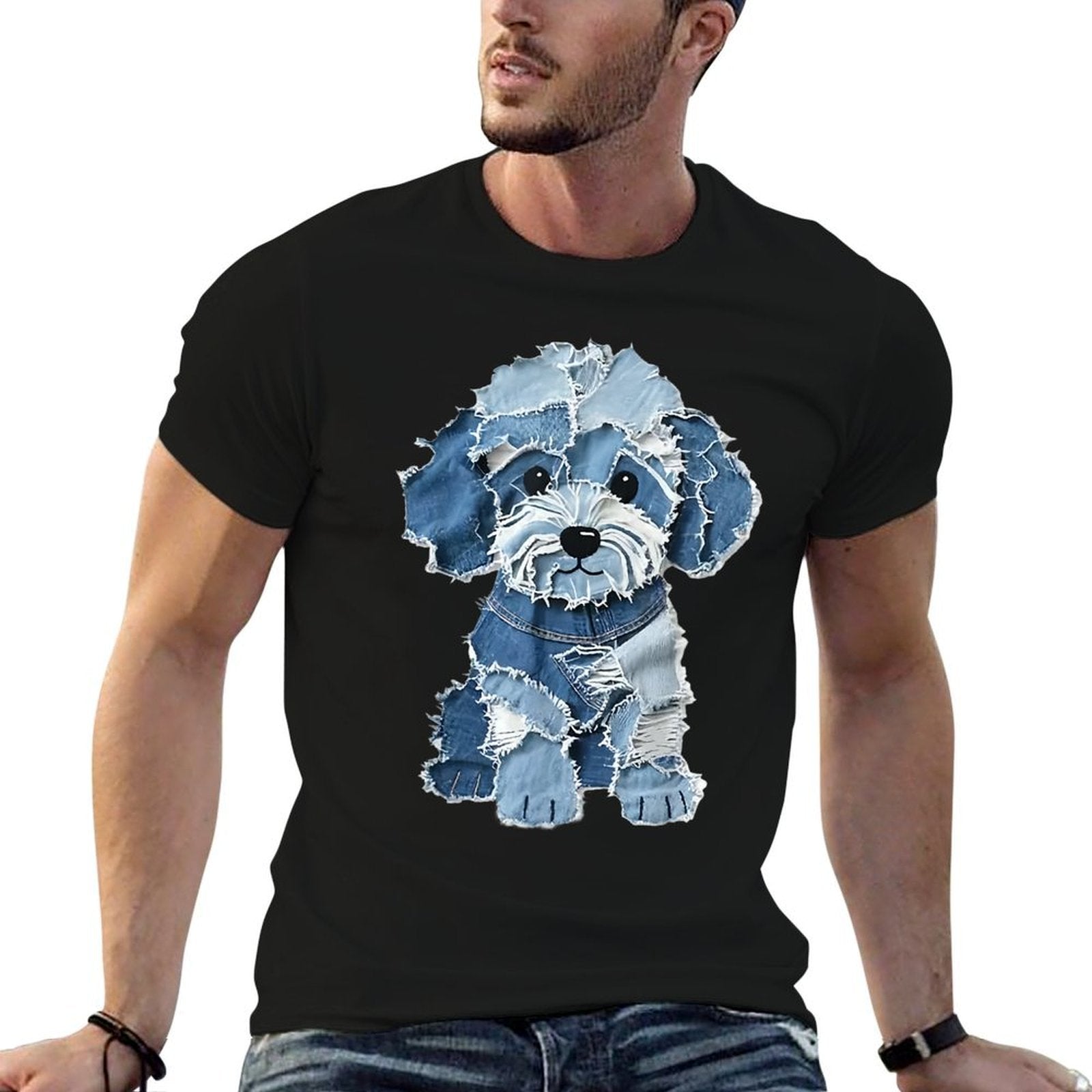 Retro Funny Denim Patch Animal Dog Print  Summer-ready Fabric T-Shirt