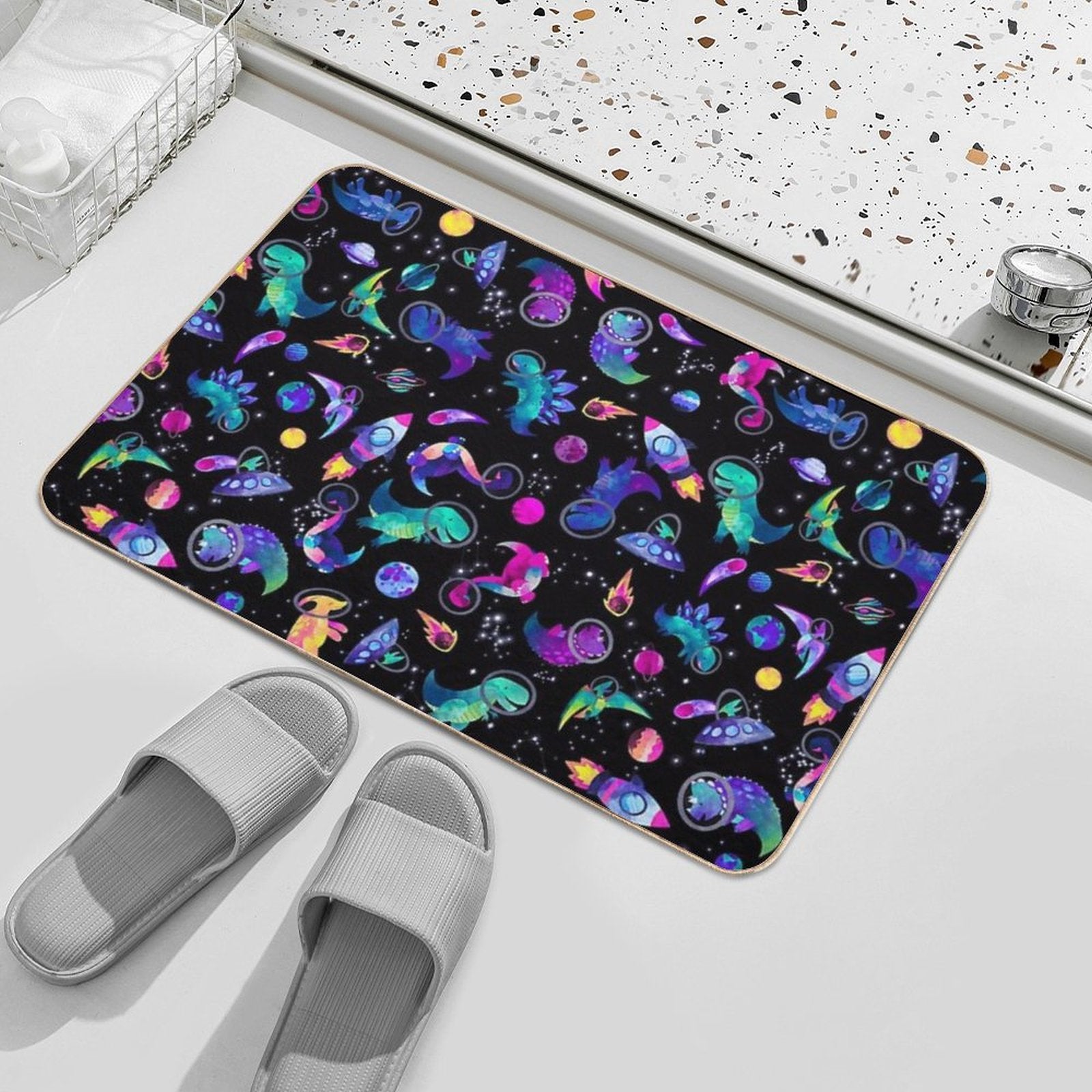 Space Dinosaur Astronauts Watercolor Pink Purple Pattern  Pet-Safe Bath Mat