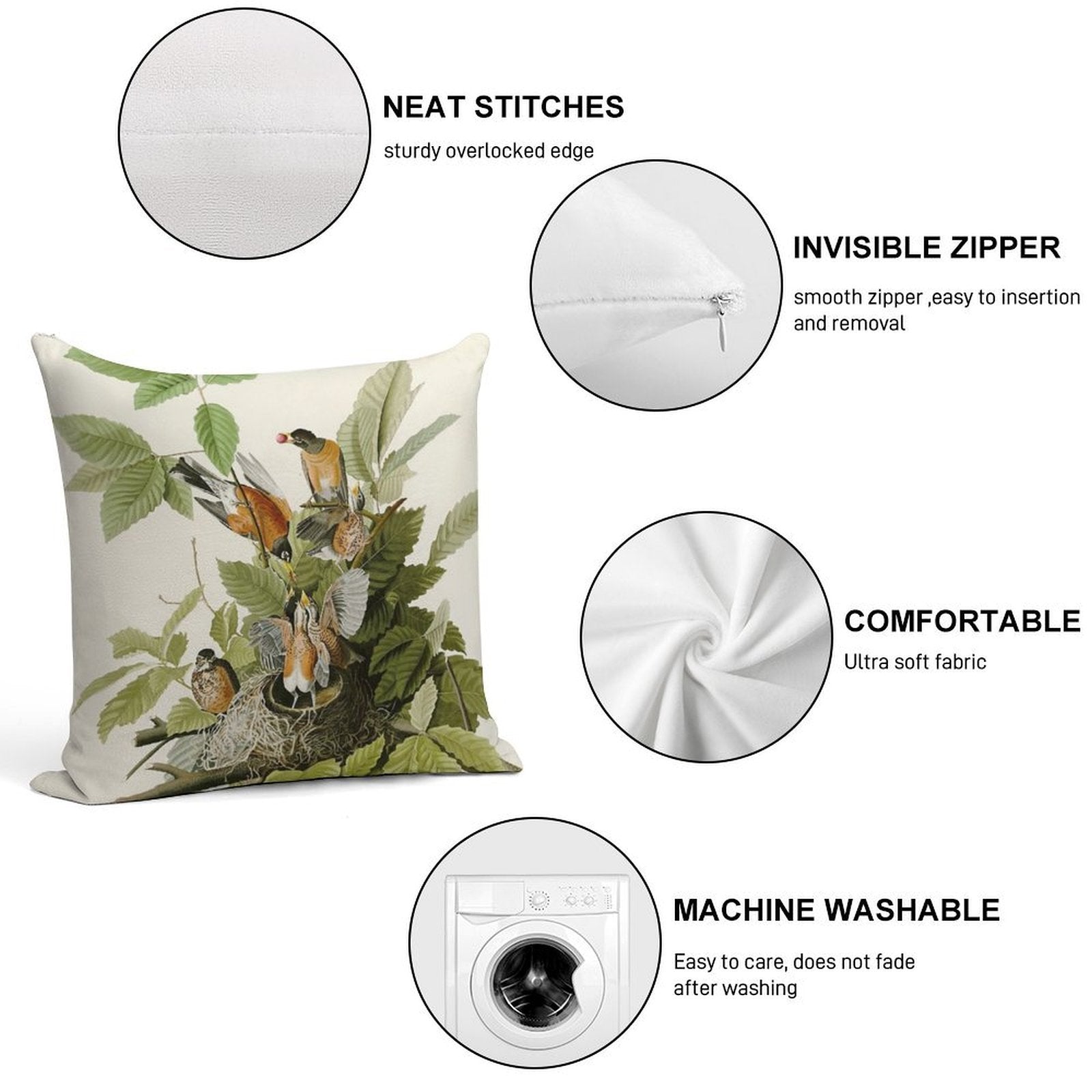 American Robin - John James Audubon Birds of America Soft Washable Throw Pillow