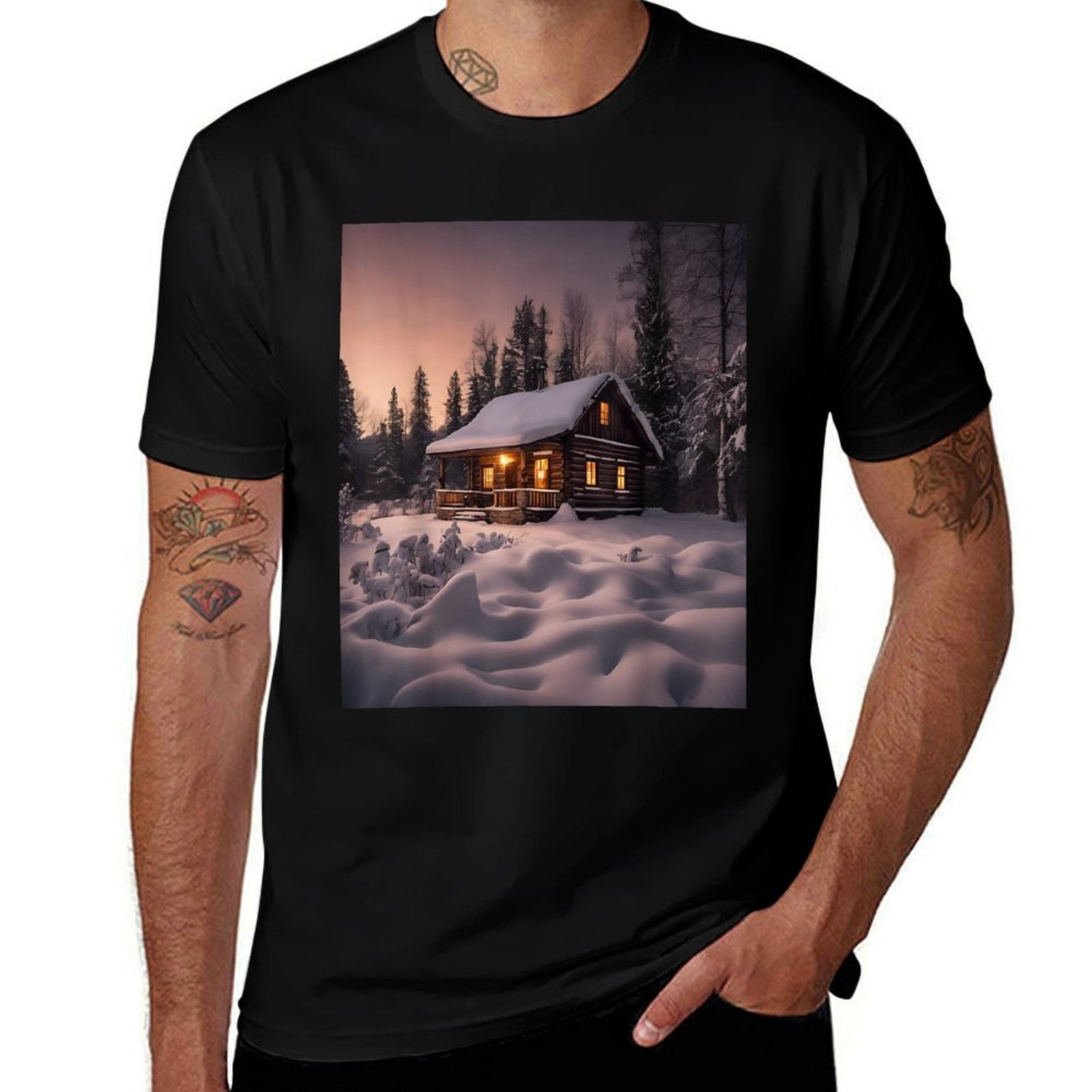 Log Cabin Snow Twilight  Ribbed Collar T-Shirt