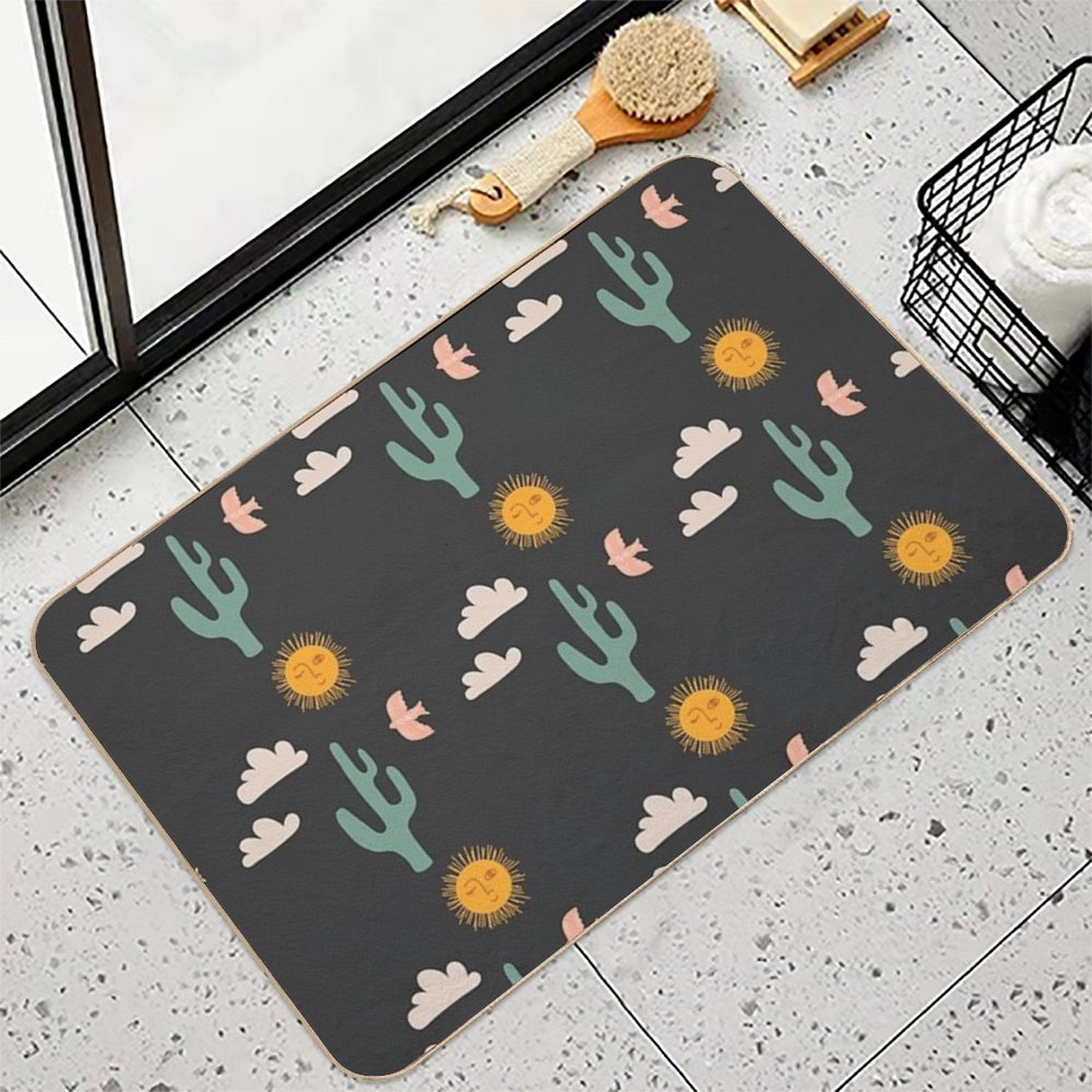 Boho Aesthetic Landscape Southwest Cactus And Sun - Charcoal Background  Odorless Bath Mat