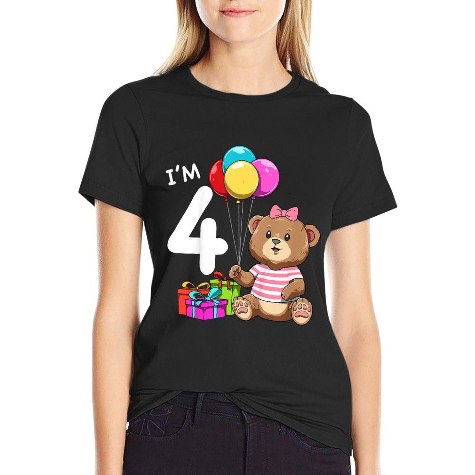 Kids Fourth Birthday Teddy Bear - 4 Year Old Girl  Easy-care T-Shirt