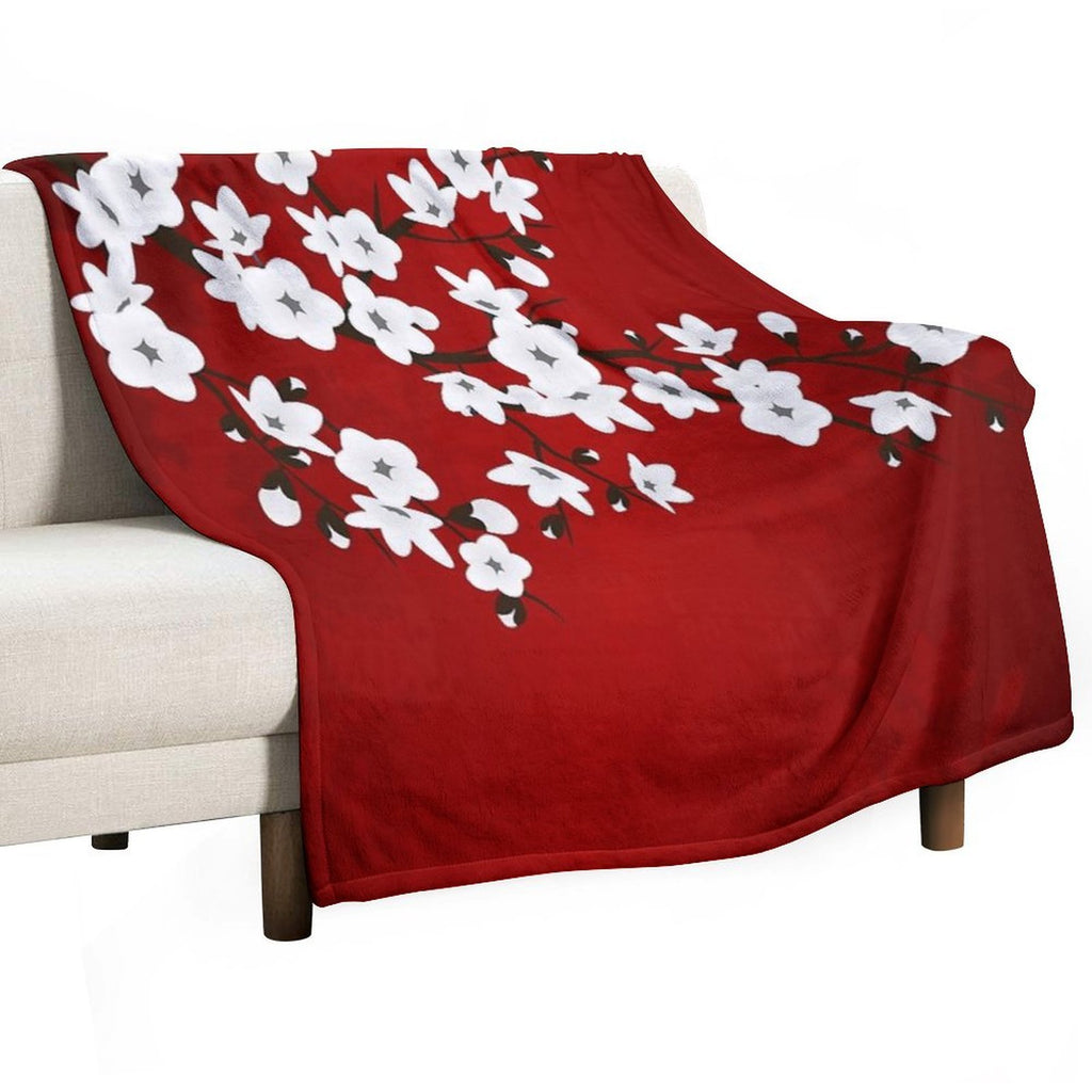 Cherry Blossom Red White Asia Floral Travel-friendly Throw Blanket