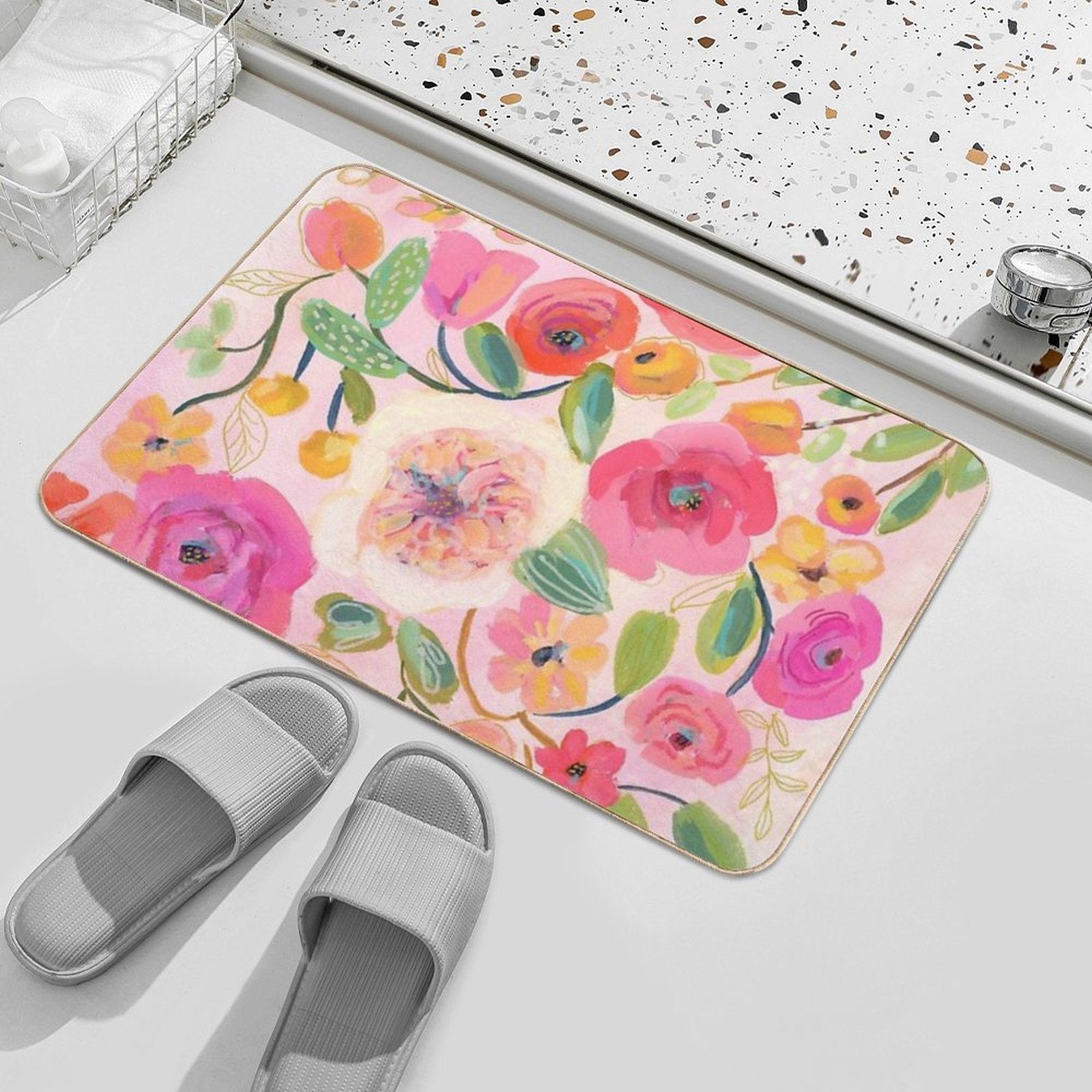 Pink Floral Art Print  Slip-Resistant Bath Mat
