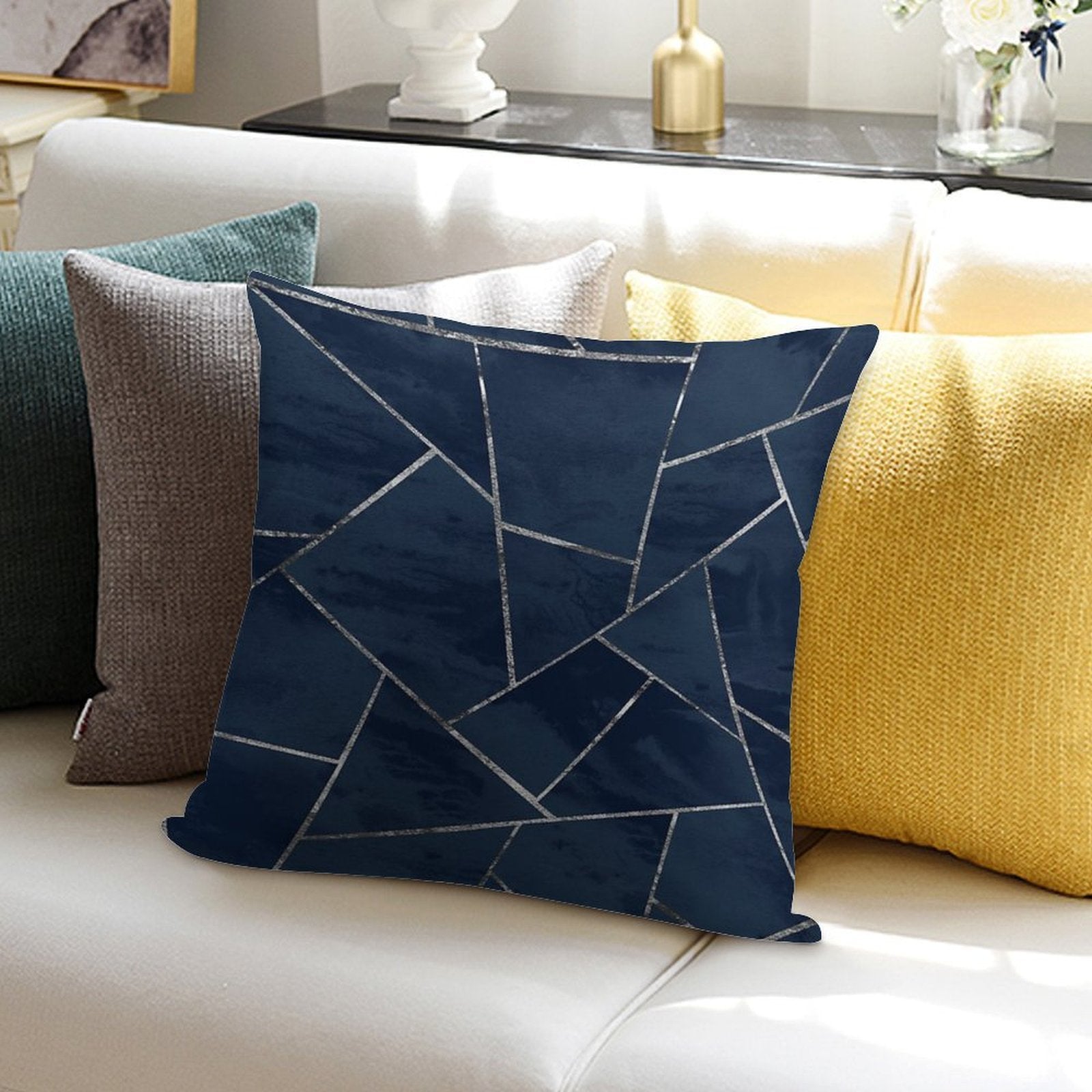 Midnight Navy Blue Ink Silver Geometric Glam #1 #geo #decor #art Soft Luxury Feel Throw Pillow