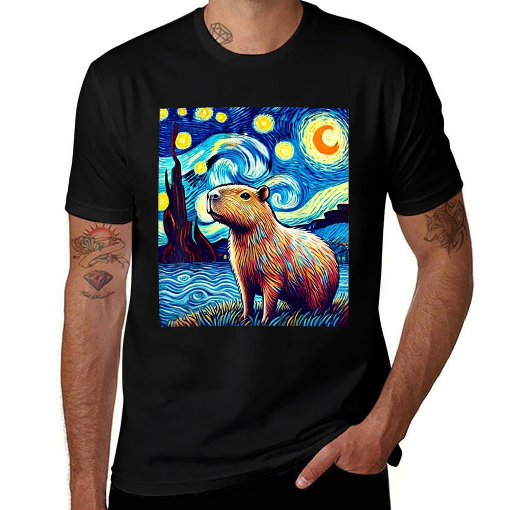 Capybara Van Gogh Style Starry Night Light Graphic Weird  Breathable T-Shirt