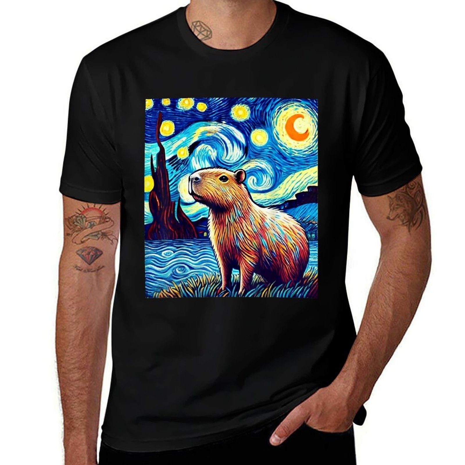 Capybara Van Gogh Style Starry Night Light Graphic Weird  Breathable T-Shirt