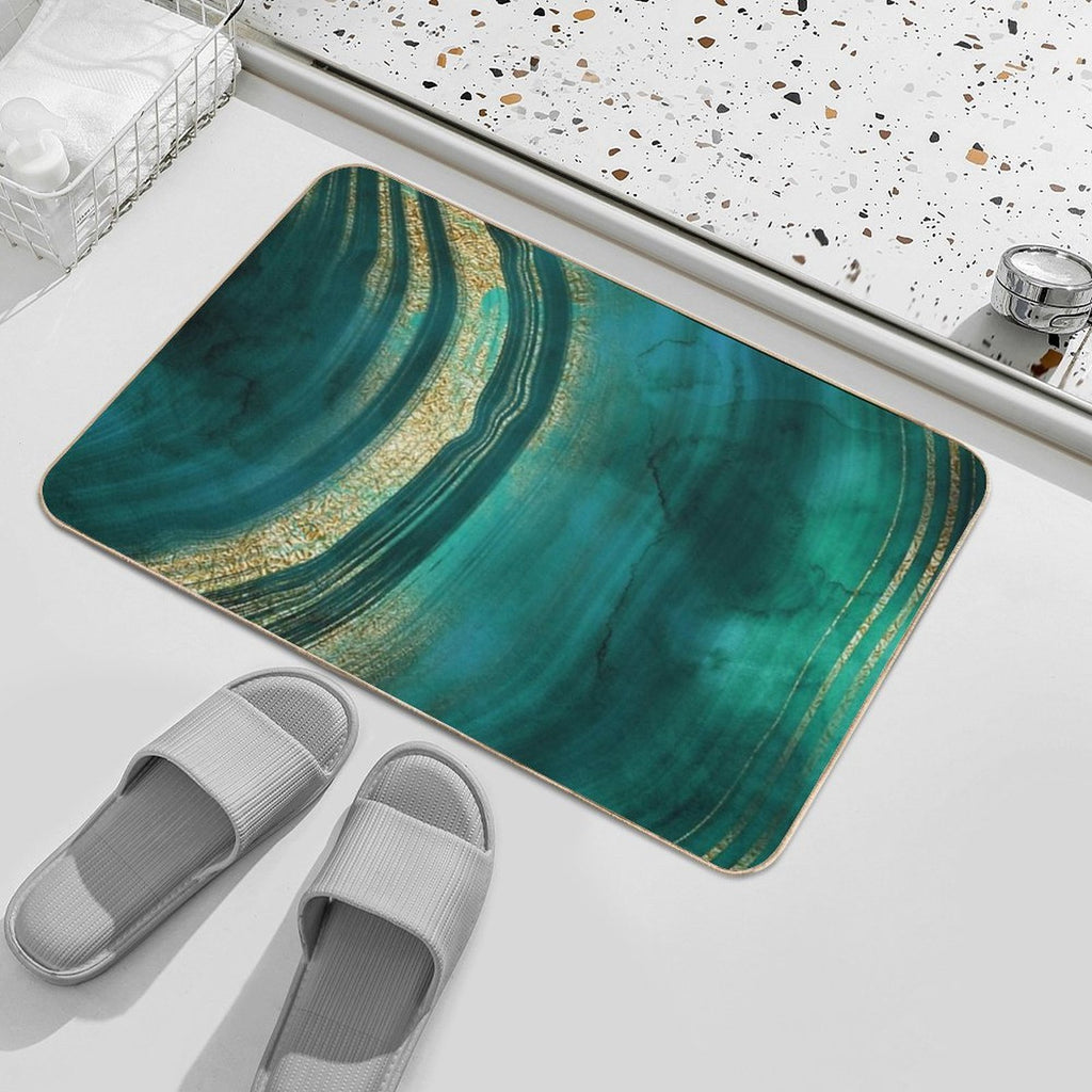 Gold Veined Green Luxury Faux Marble  Easy To Clean Bath Mat