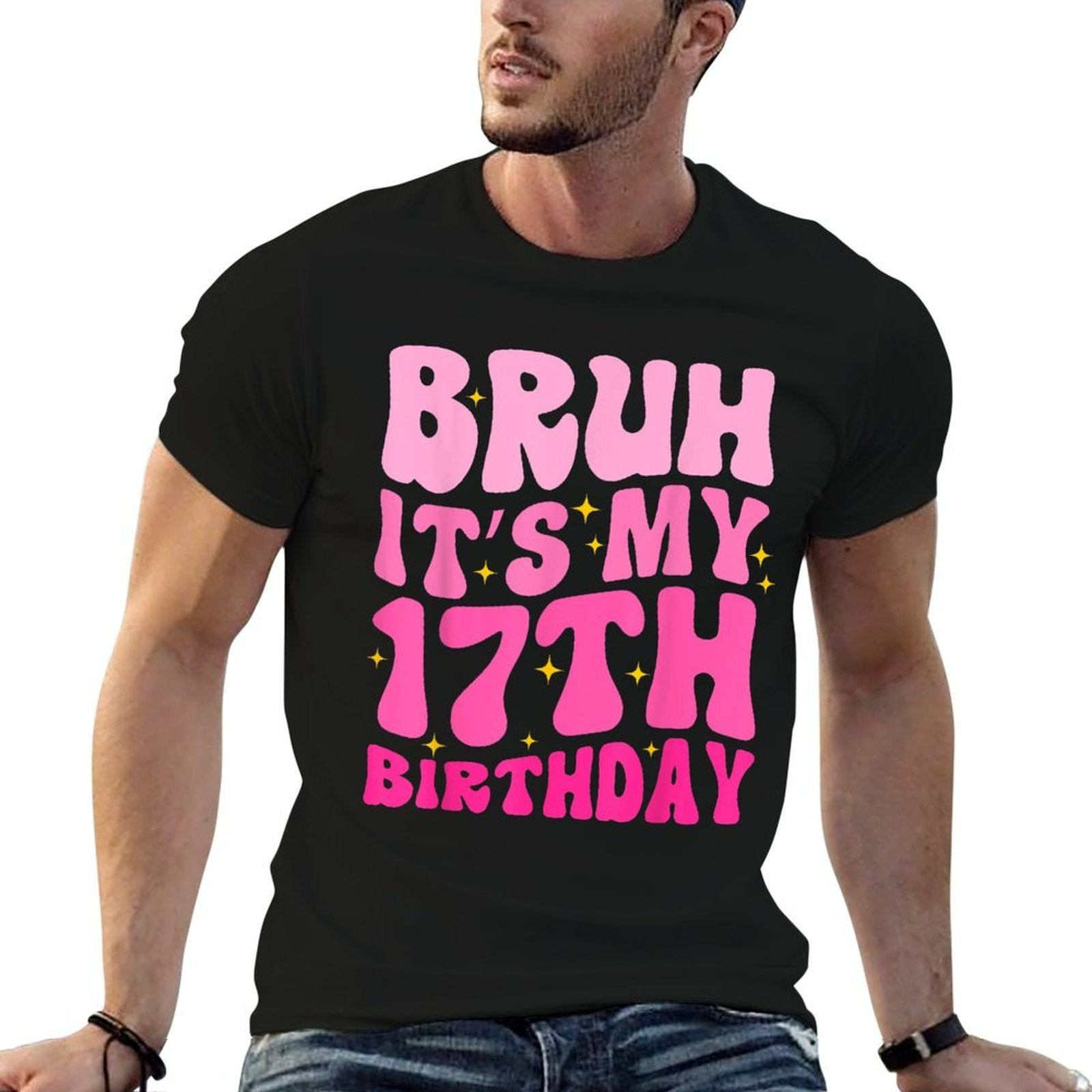 Bruh It's My 17th Birthday 17 Year Old 17yr Cute Groovy Pink  Polyester Blend T-Shirt