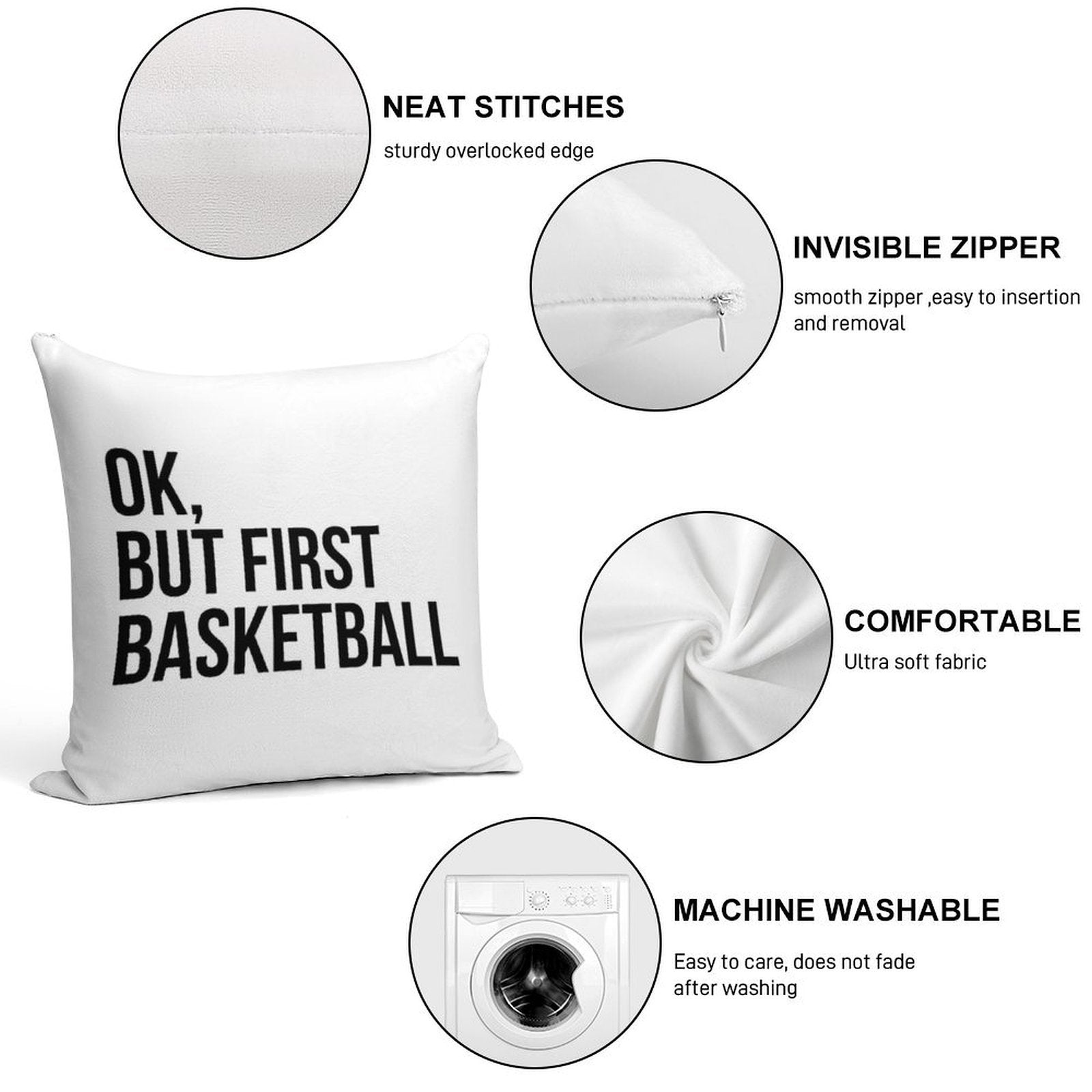 BUT FIRST BASKETBALL Soft Anti-Pilling Throw Pillow
