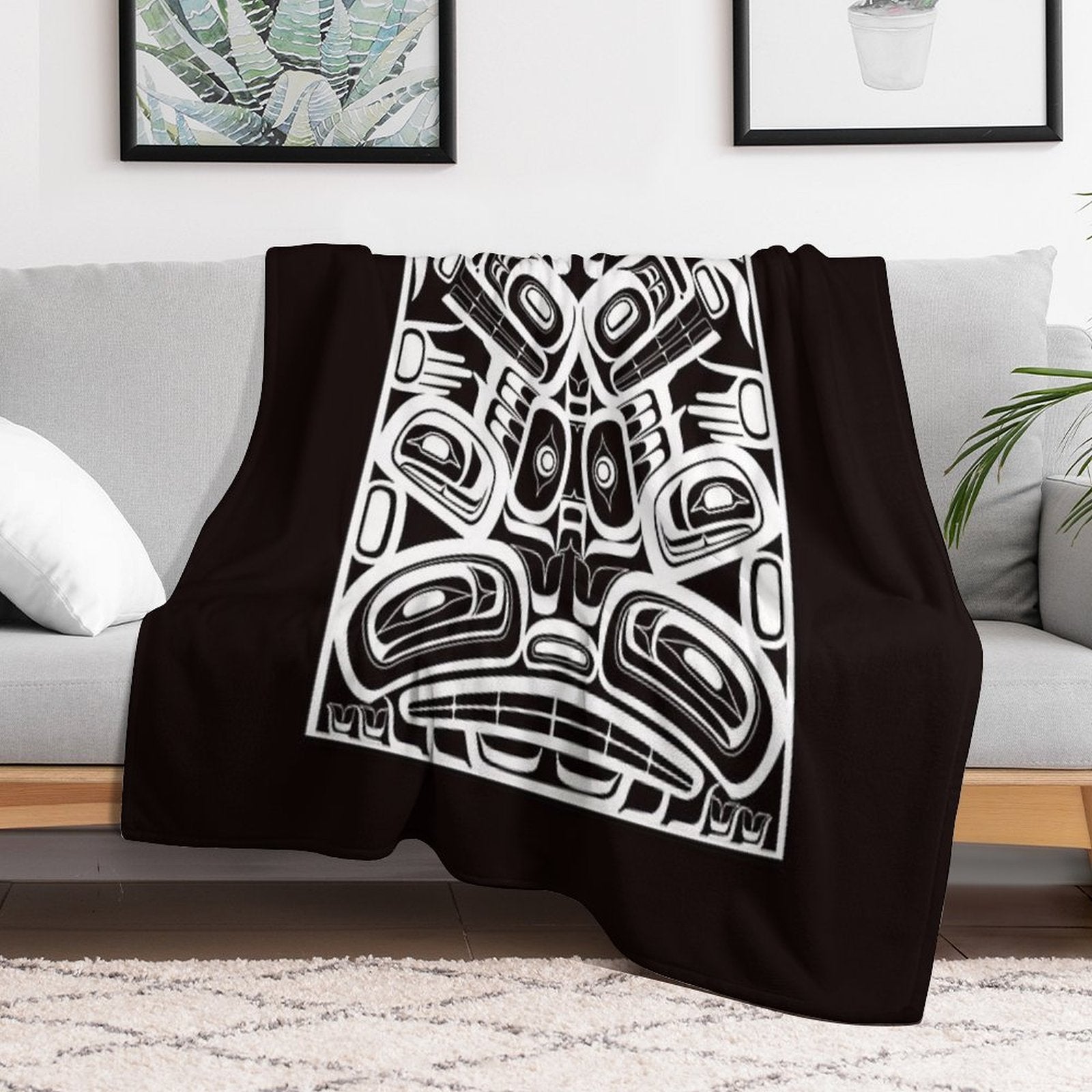 White Totem Native Formline Design Orca Bear Raven Travel-friendly Throw Blanket