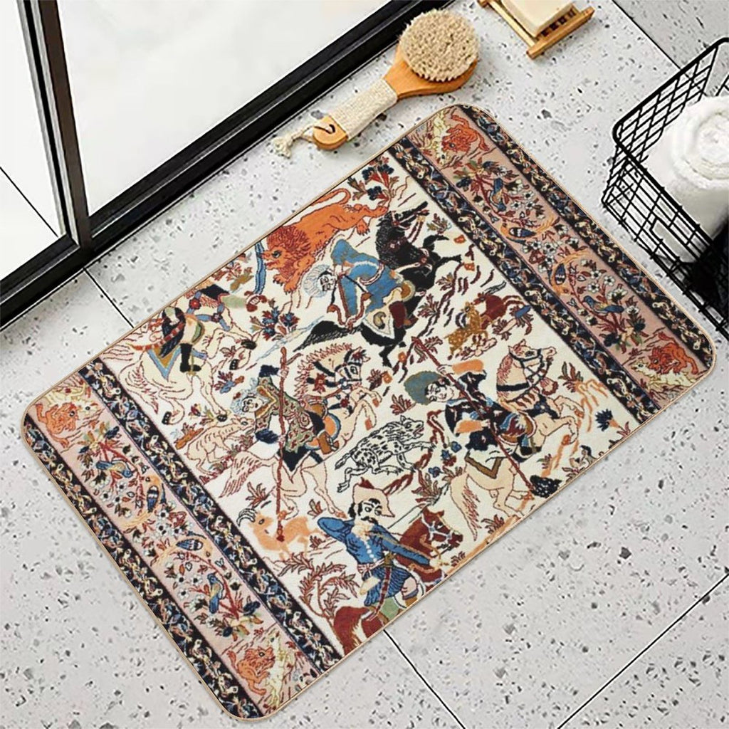 Blue Antique Persian Isfahan Silk Rug with Flowers Animals Print  Odorless Bath Mat