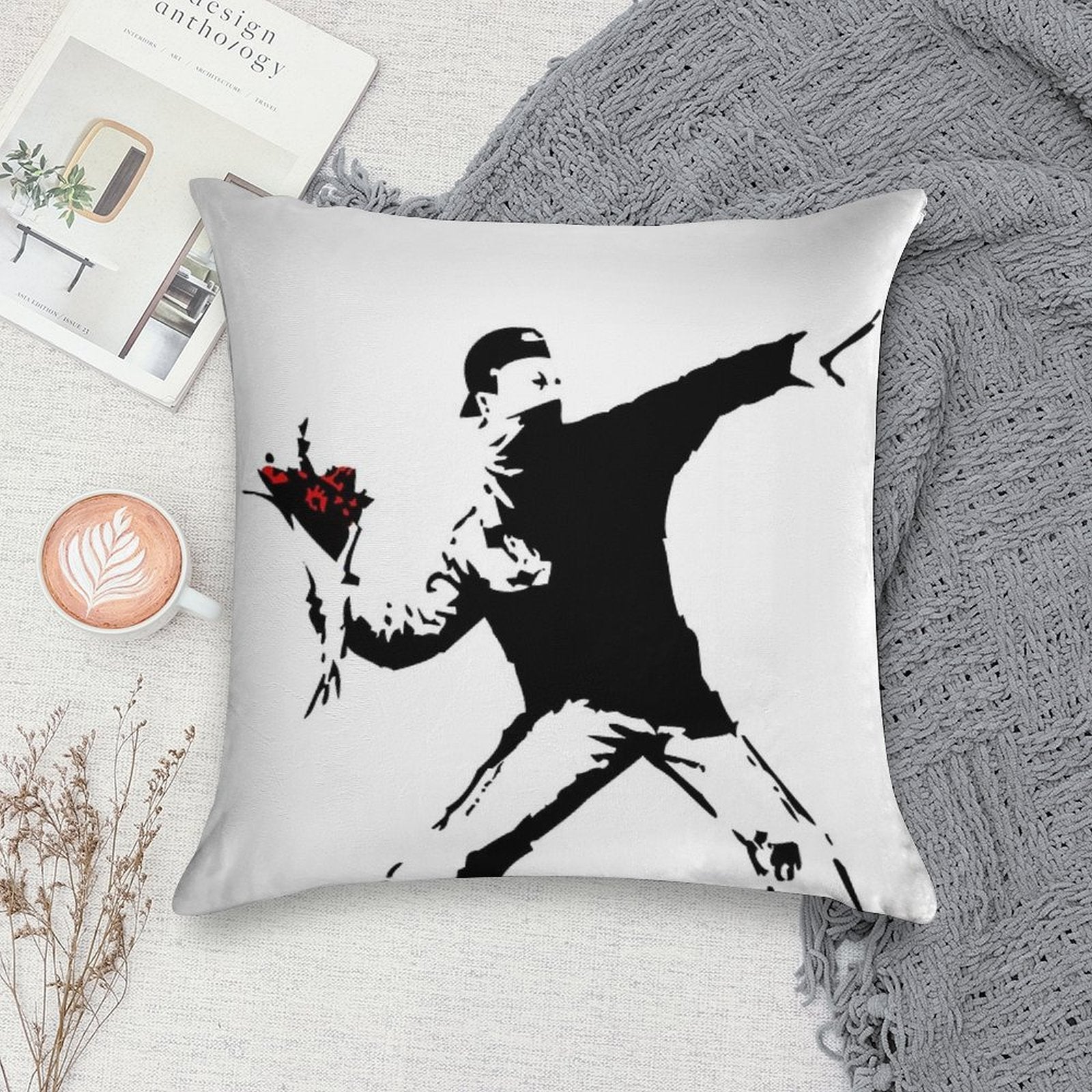 Banksy Flower Thrower! Soft High-Density Material Throw Pillow