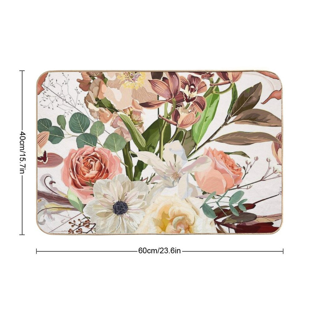 Detailed Hand Drawn Flowers - Blooming Magnolia, Roses, Eucalyptus And Herbs.  Stain-Proof Bath Mat