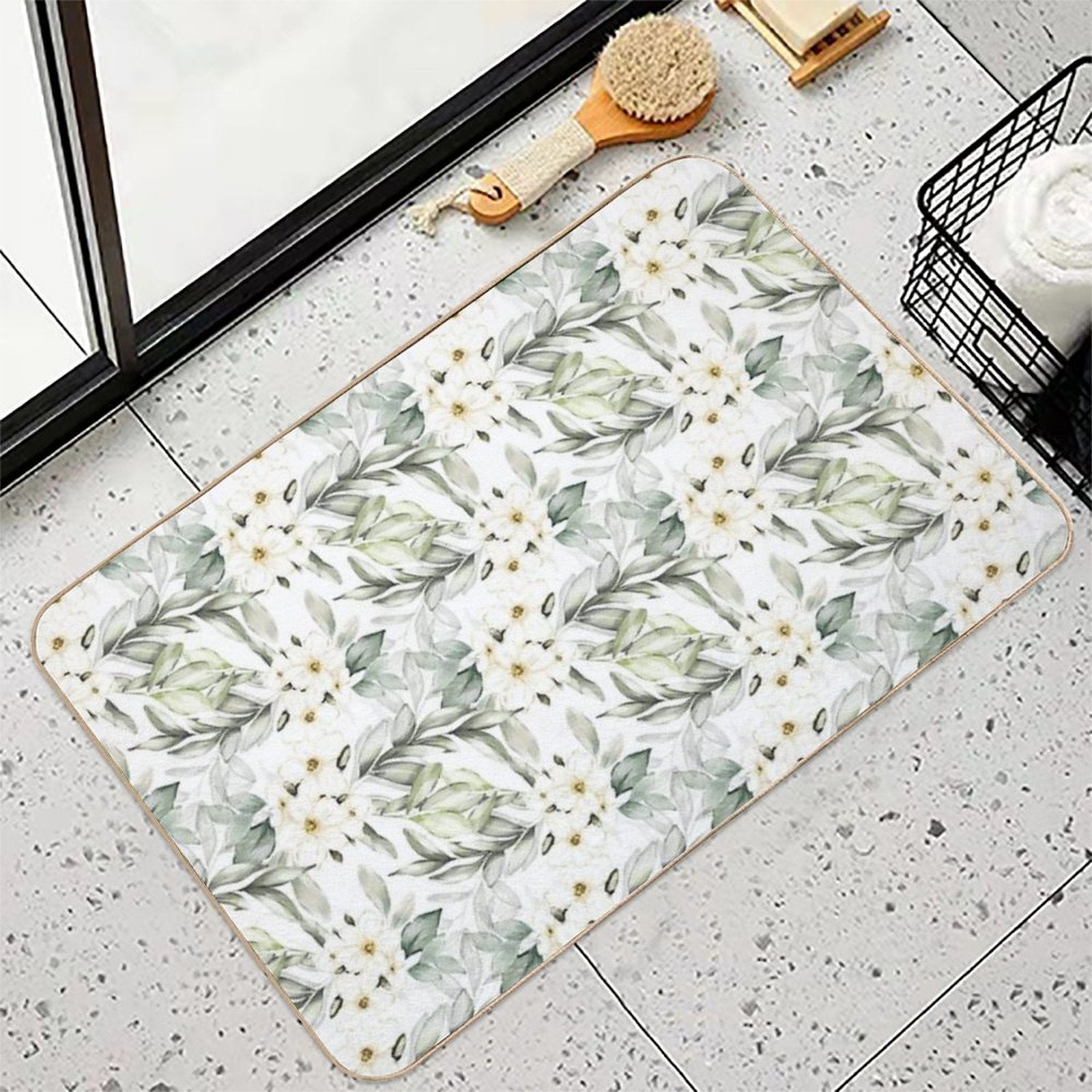 Green Leaves And Flower Blossom Pattern  Fade-Resistant Bath Mat