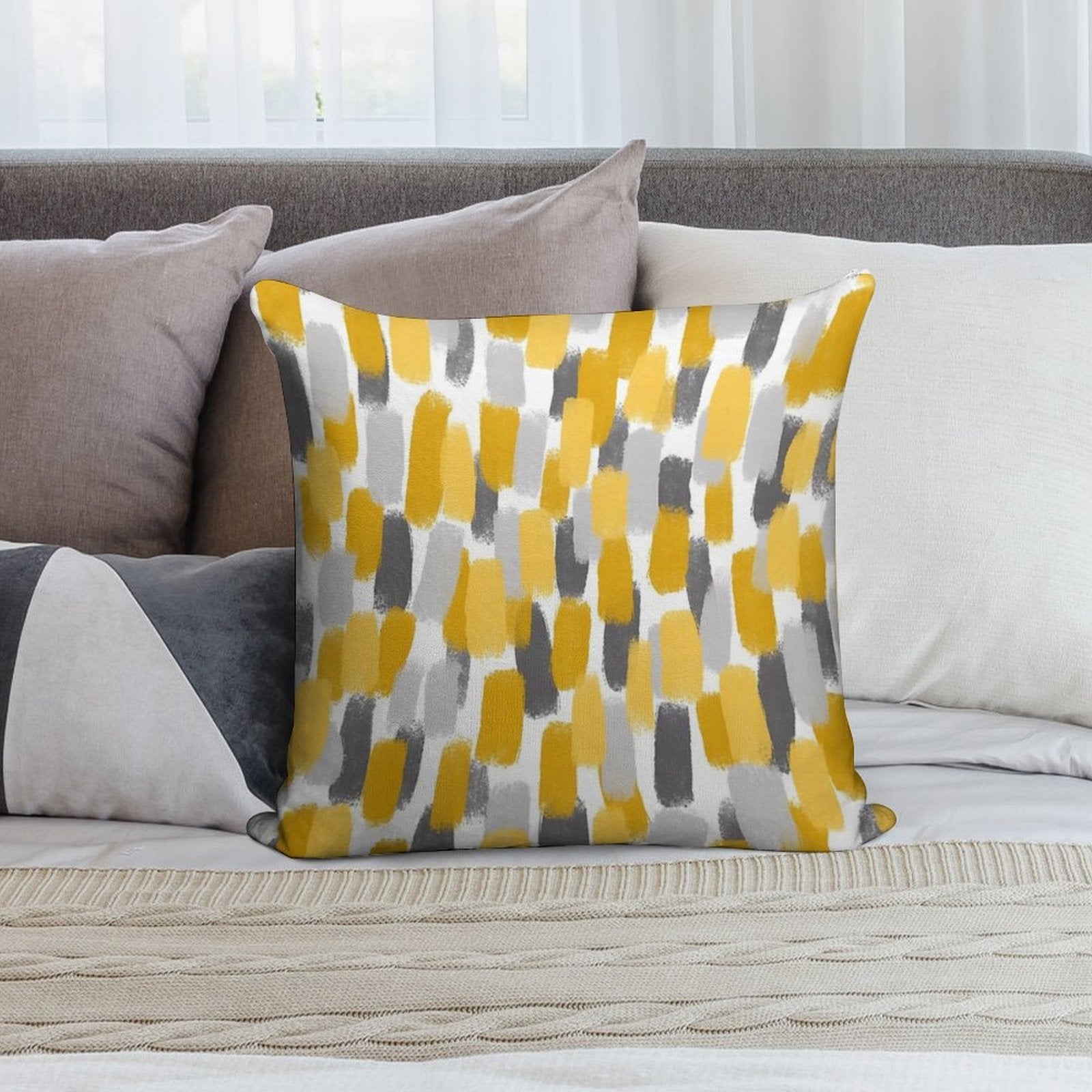 Grey And Mustard Yellow Paint Brush Effect Soft Washable Throw Pillow