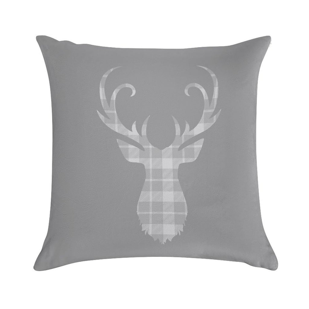 Grey Tartan Stag Head Soft Short Plush Fabric Throw Pillow