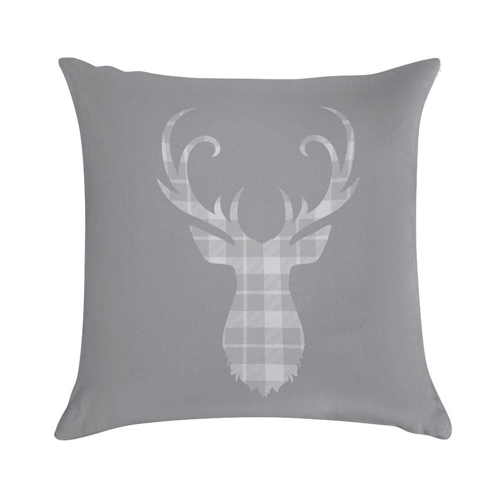 Grey Tartan Stag Head Soft Short Plush Fabric Throw Pillow