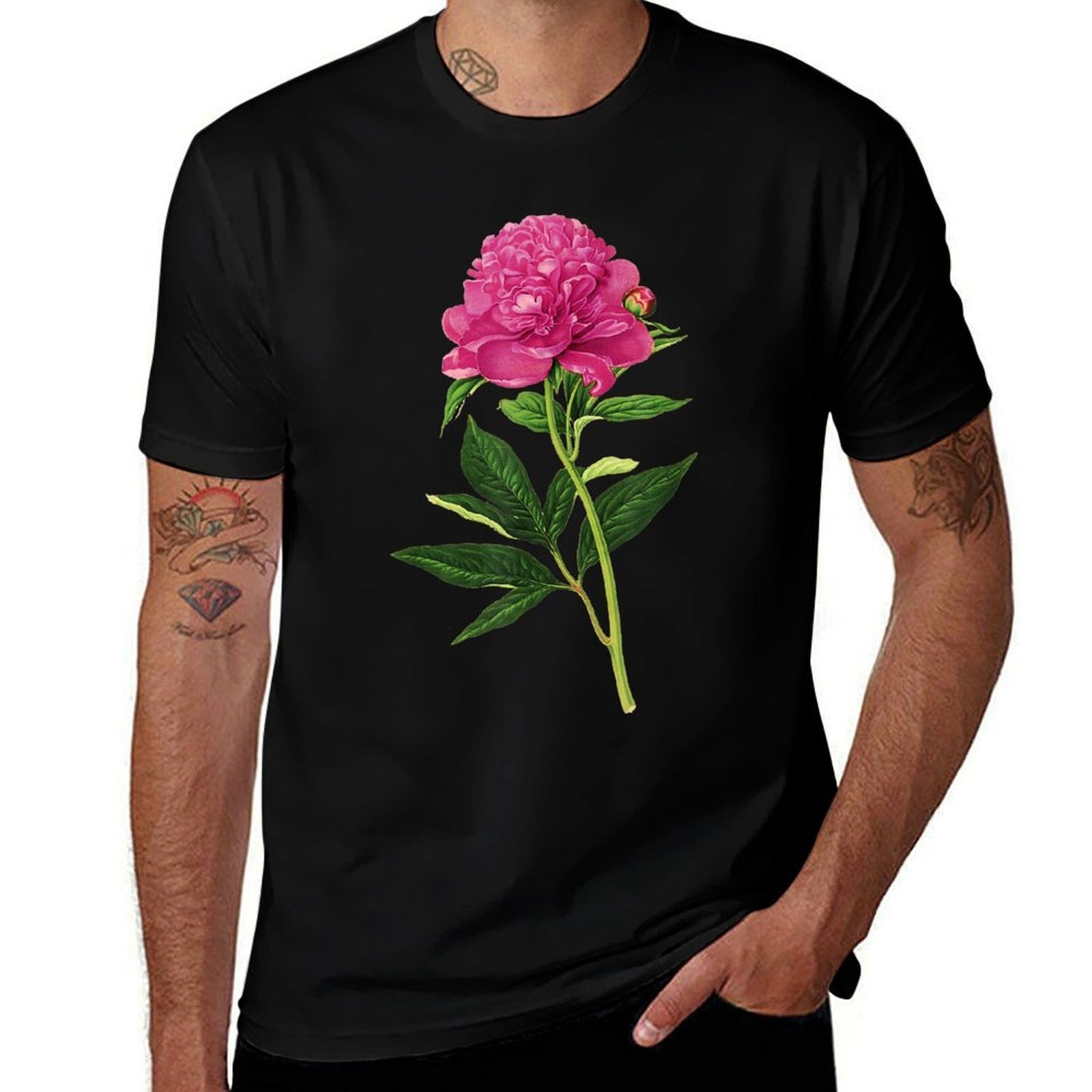 Vintage Botanical Print, Fuchsia Pink Peony  Polyester Blend T-Shirt