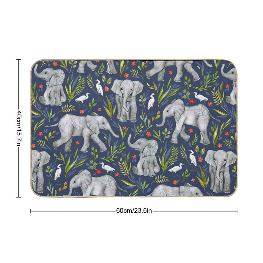 Baby Elephants And Egrets in Watercolor - Navy Blue  Anti-Trip Bath Mat