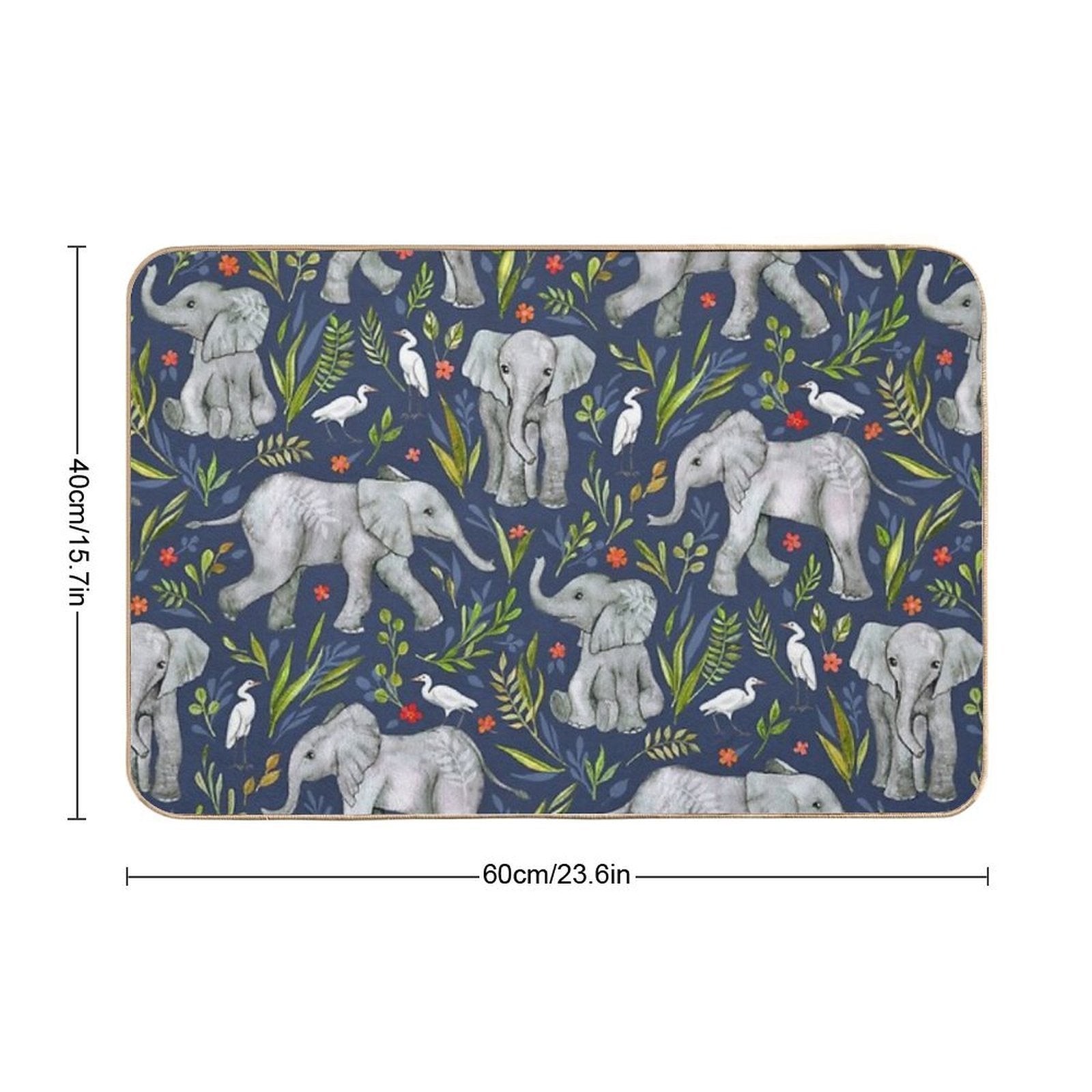 Baby Elephants And Egrets in Watercolor - Navy Blue  Anti-Trip Bath Mat