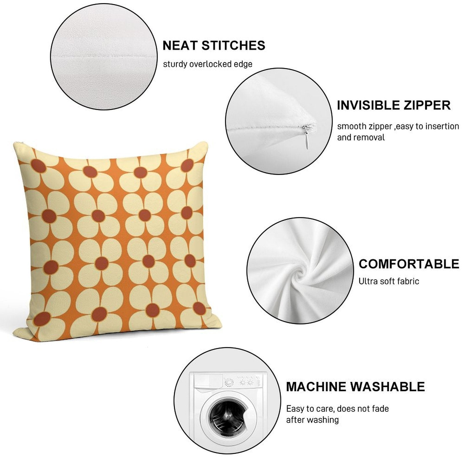 Retro Land Flower Power Orange And Cream Soft Shrink-Resistant Throw Pillow
