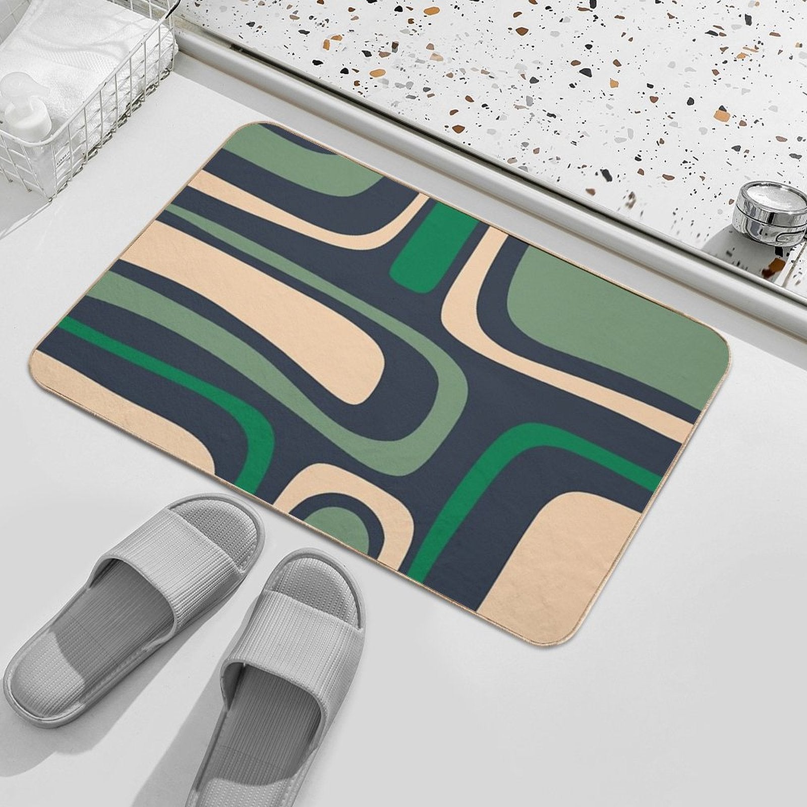 Palm Springs Retro Mid Century Modern Abstract Pattern Dark Blue, Green, And Beige  Anti-Trip Bath Mat