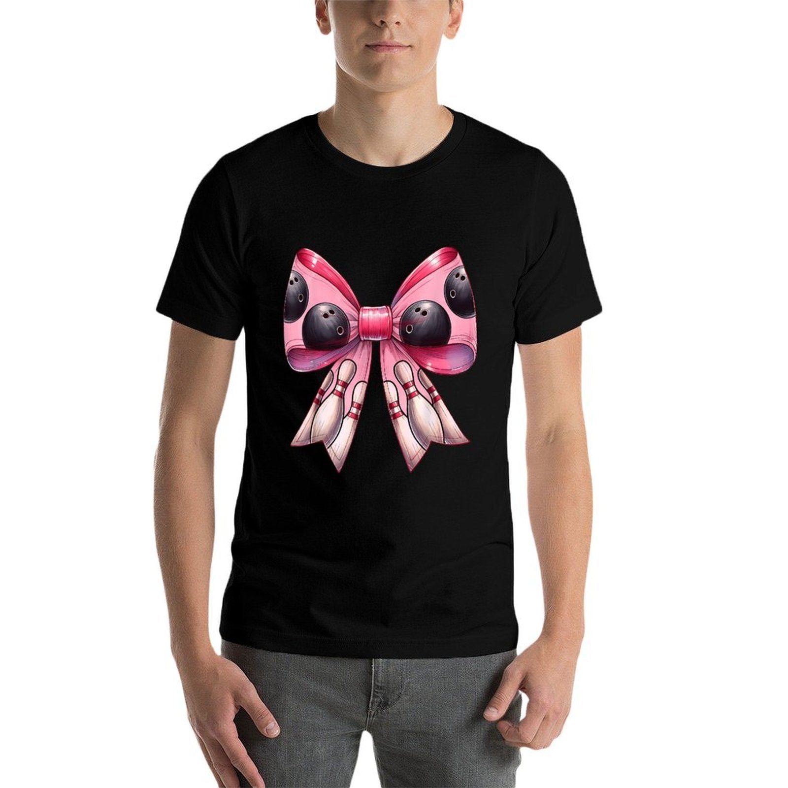 Coquette Bow Bowling Ball Pins Pattern Bowler Pink Mom Girl  Rolled Sleeves T-Shirt