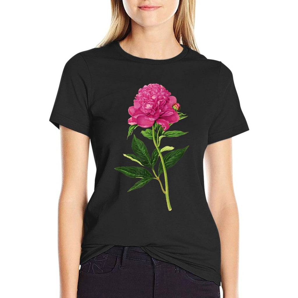 Vintage Botanical Print, Fuchsia Pink Peony  Polyester Blend T-Shirt